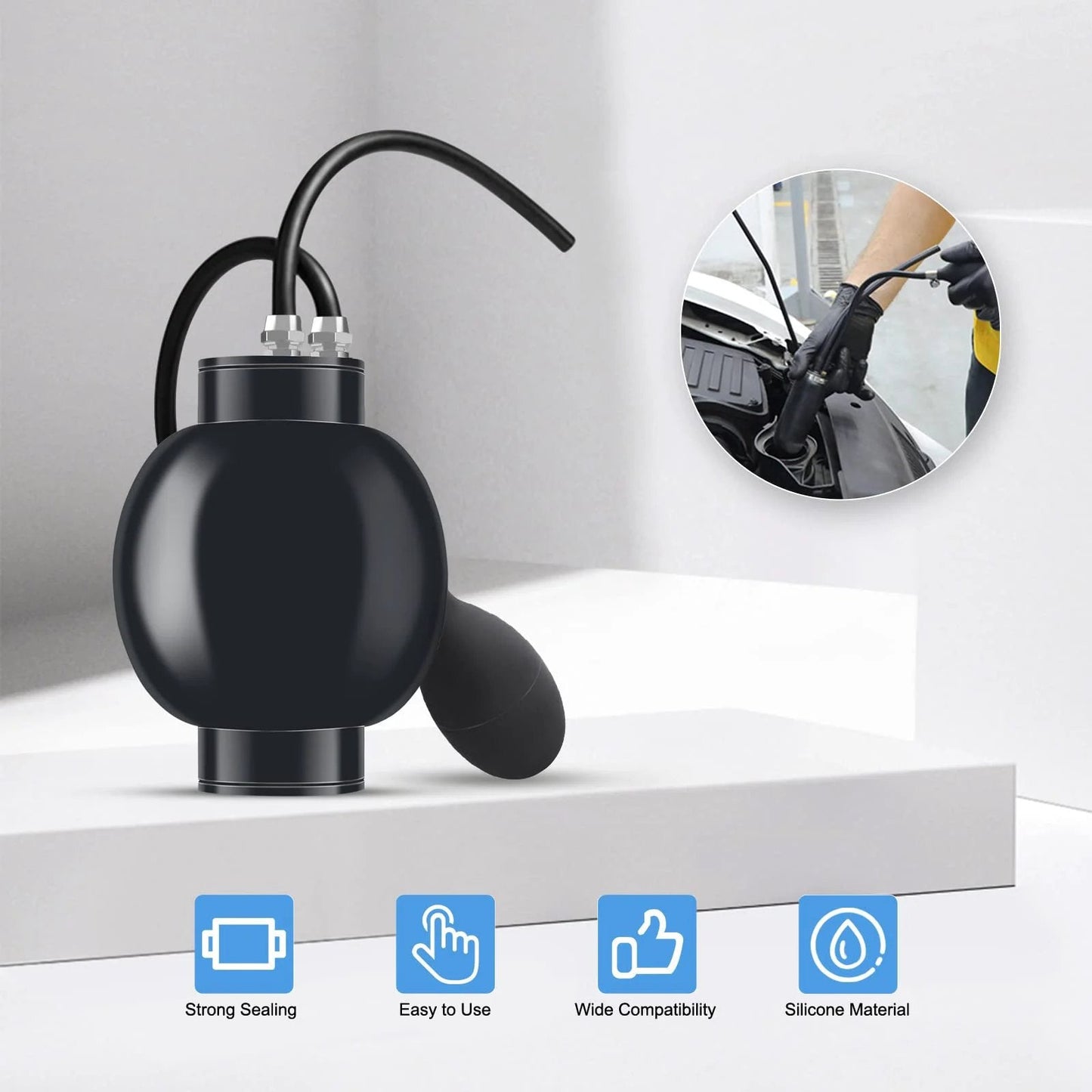 Universal Quick Intake Adapter With Heavy Duty Sealed Expandable Bladder For 12V Automotive air intake diagnostic tool on display.