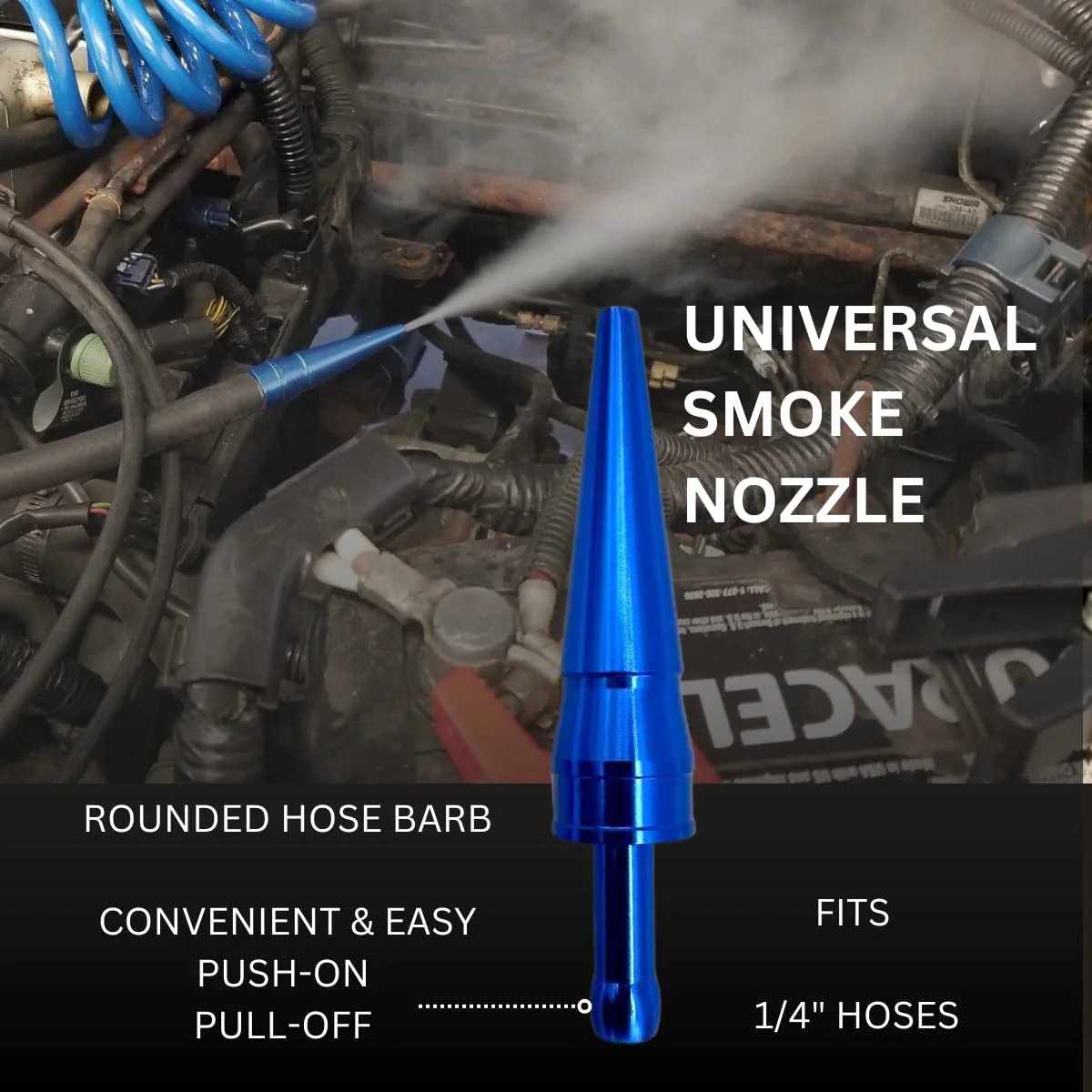Close-up of a blue universal smoke nozzle for EVAP service port connector kit, fitting 1/4" hoses for leak testing.