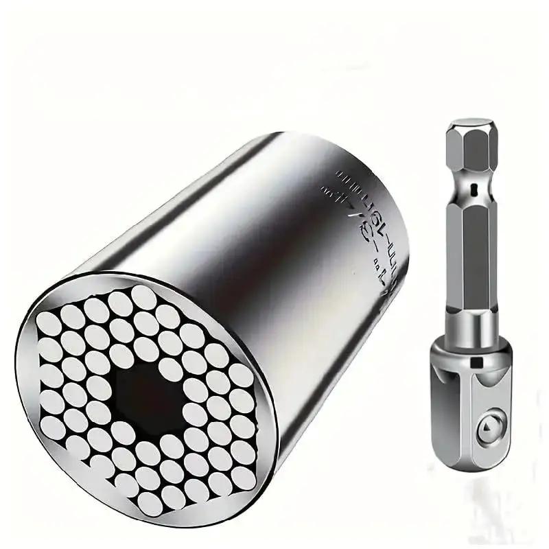 7-19mm Socket Wrench Set, Professional Multi-Functional Socket Kit with quick-change drill adapter, shown from side and end view