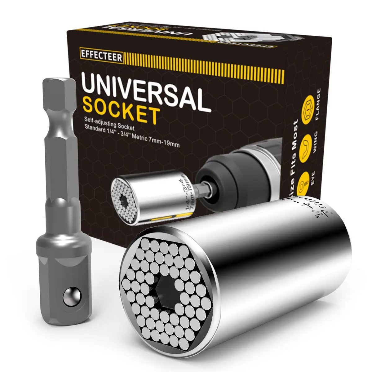 Universal Self Adjusting Socket Set Fits Standard One Quarter To Three Quarters Inch And Metric Seven Millimeter To Nineteen Millimeter For Wrench And Power Drill Multi Tool Adapters For DIY Handyman Gifts For Men Husband Dad Women product packaging and sockets.