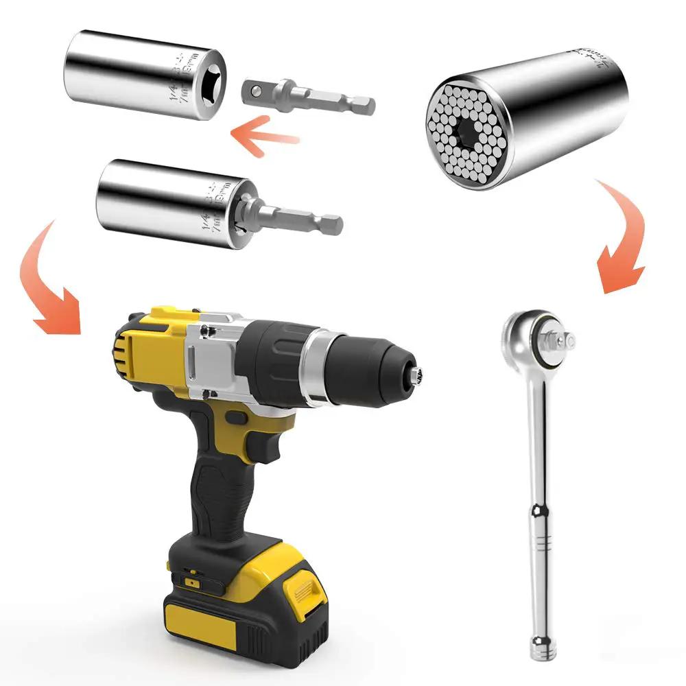 Universal Self Adjusting Socket Set Fits Standard One Quarter To Three Quarters Inch And Metric Seven Millimeter To Nineteen Millimeter For Wrench And Power Drill Multi Tool Adapters For DIY Handyman Gifts For Men Husband Dad Women with drill and wrench.