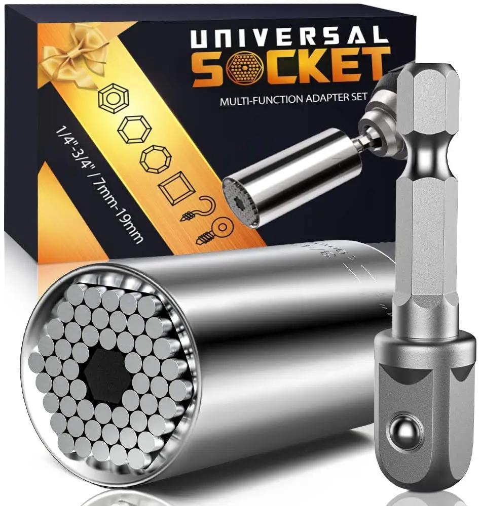 Universal Socket Tool Set For Men Gifts For Dad Husband Grandpa Stepdad With Power Drill Adapter Adjustable Grip displayed in box