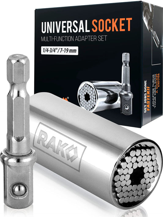 Must Have Universal Socket Wrench Set With Self Adjusting Gator Grip 7 To 19mm, 54 Spring Loaded Rods, Power Drill Adapter Included