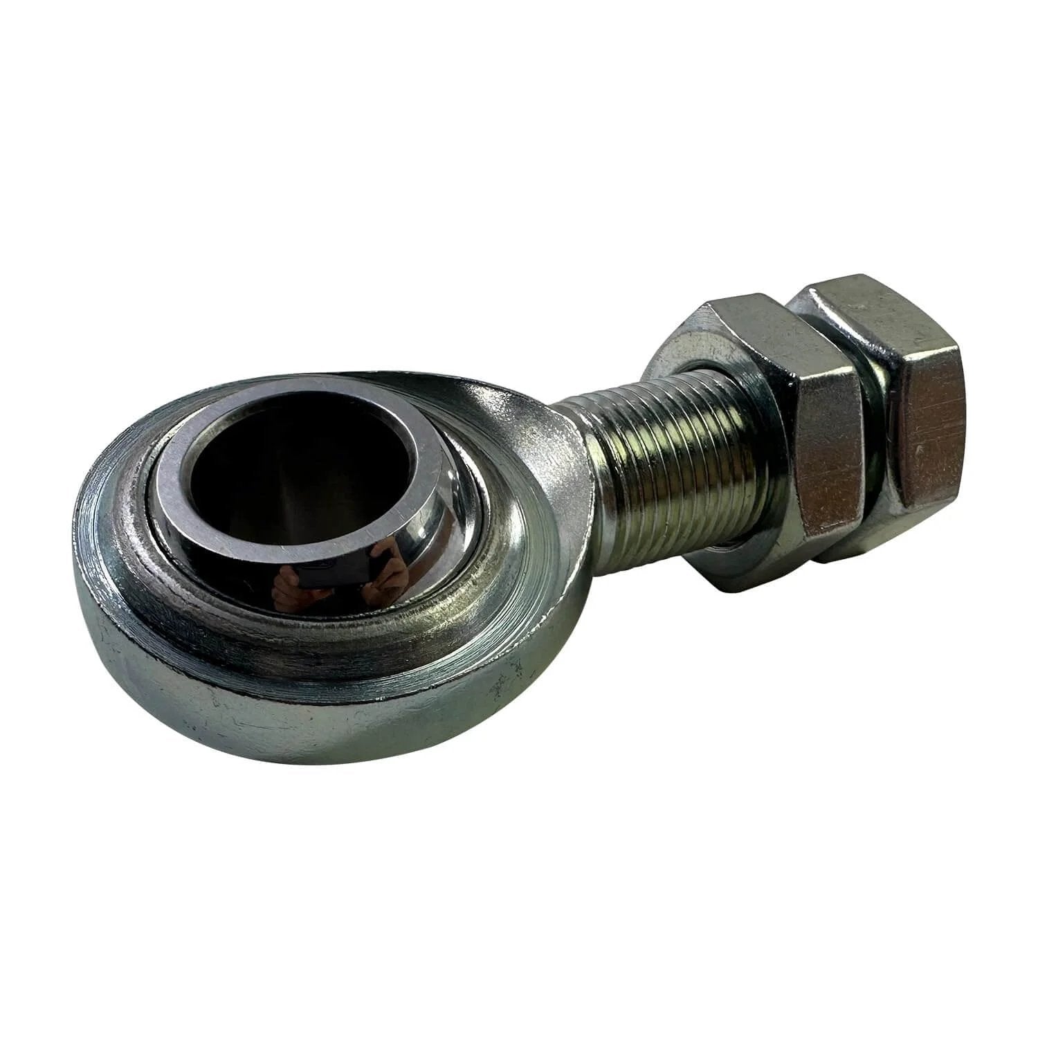 Close-up of universal 3/4 inch DD steering shaft support bearing heim joint for street rods and custom builds.