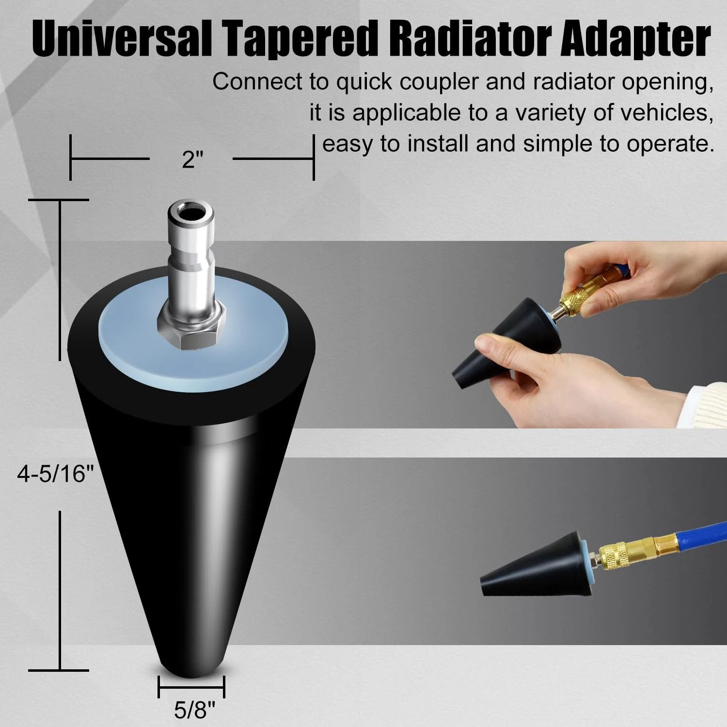 Universal tapered radiator adapter measuring 2 inches in diameter for connecting quick coupler, suitable for various vehicles.