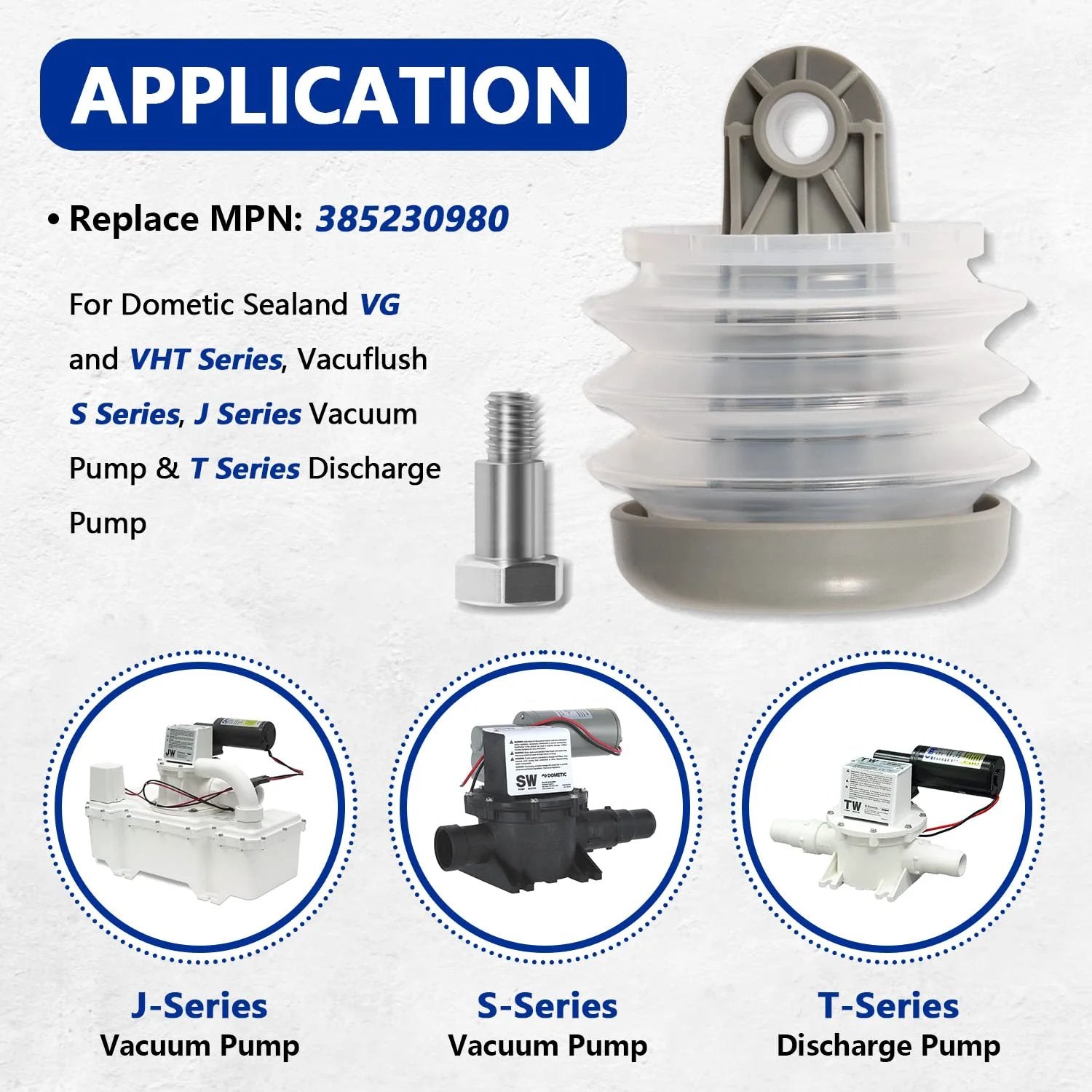 Universal Toilet Pump Bellow Kit For Dometic Sealand VG VHT Series Vacuflush S Series J Series Vacuum Pump And T Series Discharge Pump, close-up view with bushing and bolt.
