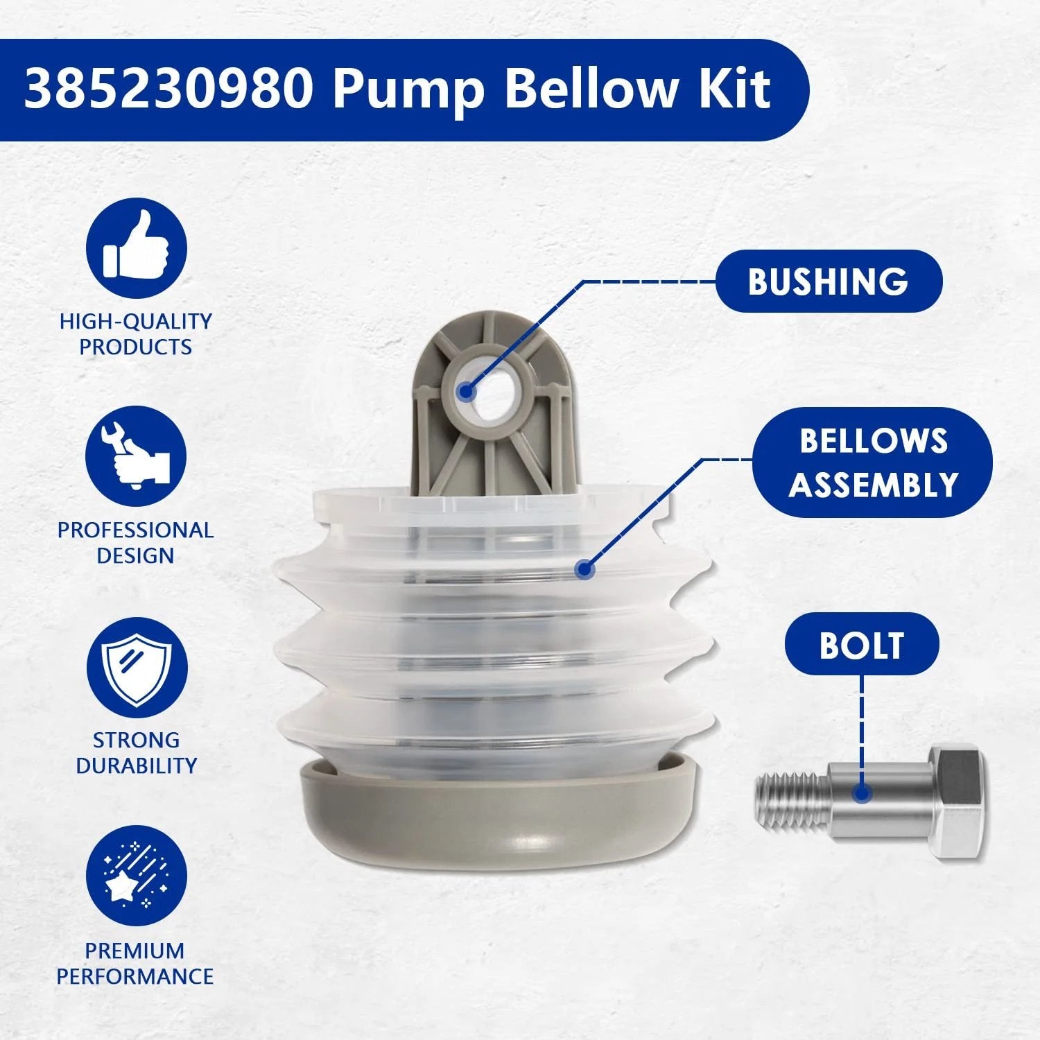 Universal Toilet Pump Bellow Kit For Dometic Sealand VG VHT Series Vacuflush S Series J Series Vacuum Pump And T Series Discharge Pump Includes Bushing And Bolt Replacement Part. Close-up view of pump bellow, bushing, and bolt.
