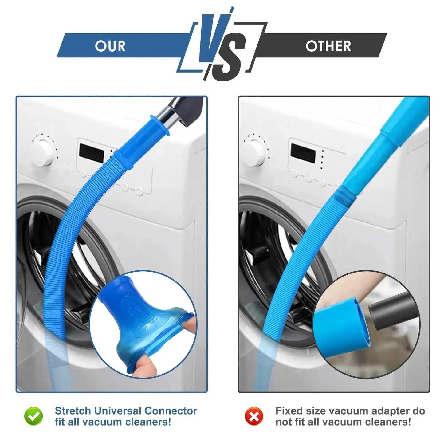 Two piece dryer vent cleaner kit with universal vacuum adapter showing comparison of stretch and fixed connectors
