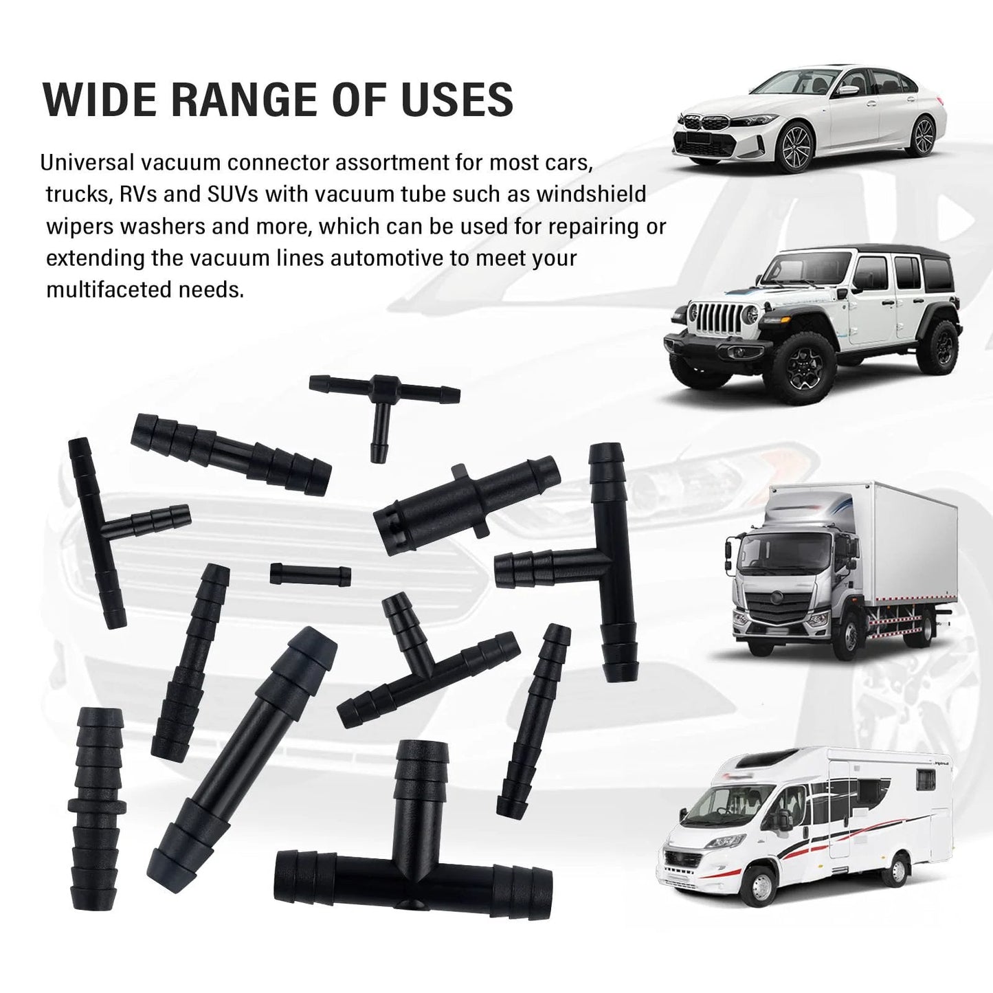 64 Piece Vacuum Line Connectors Kit For Auto DIYers Heat Resistant To 240 C 460 F Silicone Vacuum Hose Fittings Assortment with various connector sizes.