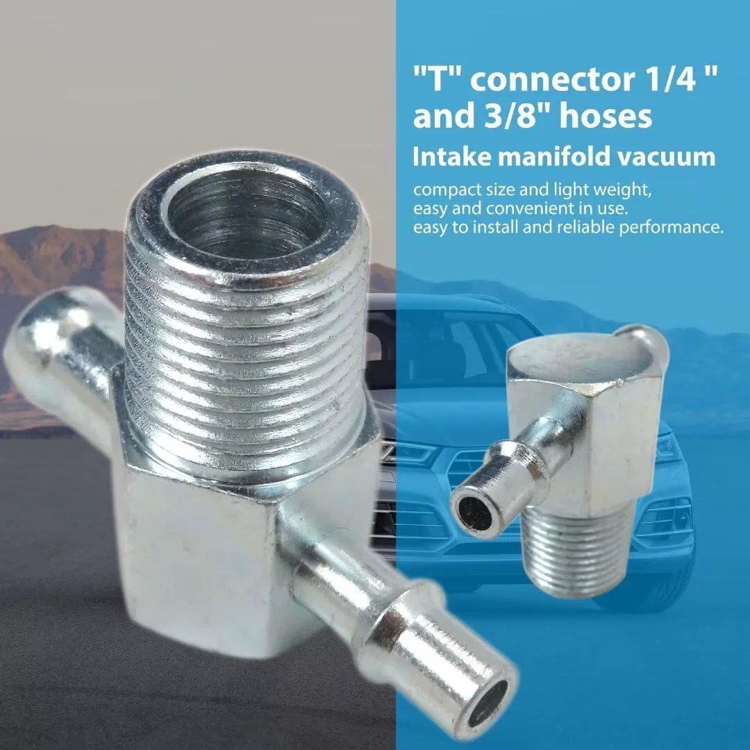 Universal Intake Manifold Vacuum Tee Fitting Three Eighths NPT Thread With Three Eighths And One Quarter Inlet Nipples Steel Zinc Plated Upgraded 2025 Model, close-up view.