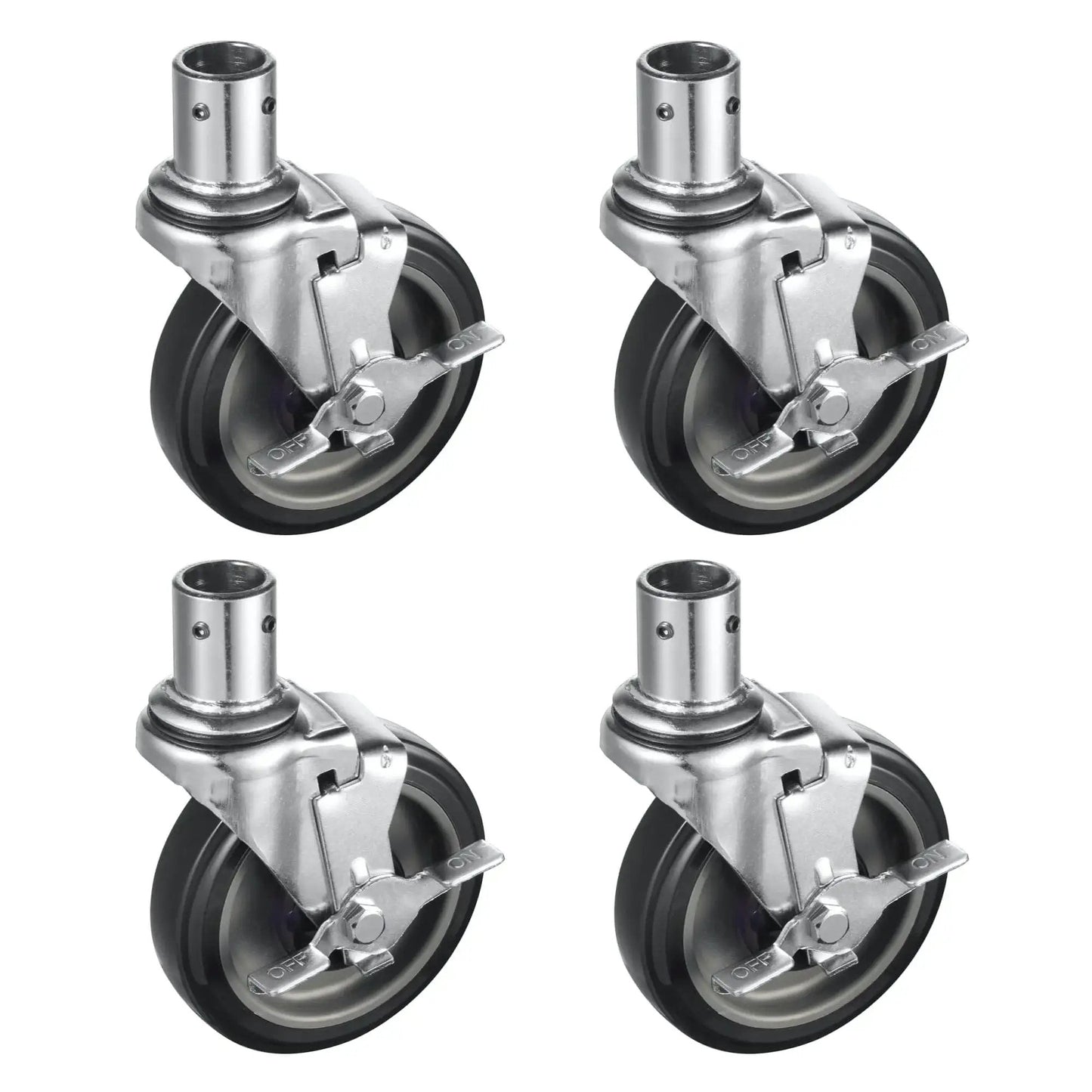 Five Inch Universal Wire Shelving Swivel Casters With Polyurethane Wheels Set Of Four Top Lock Brake For 1 Inch Diameter Wire Shelving Posts Ideal For Heavy Duty Garage Shelving Racks And Industrial Storage, top view of casters