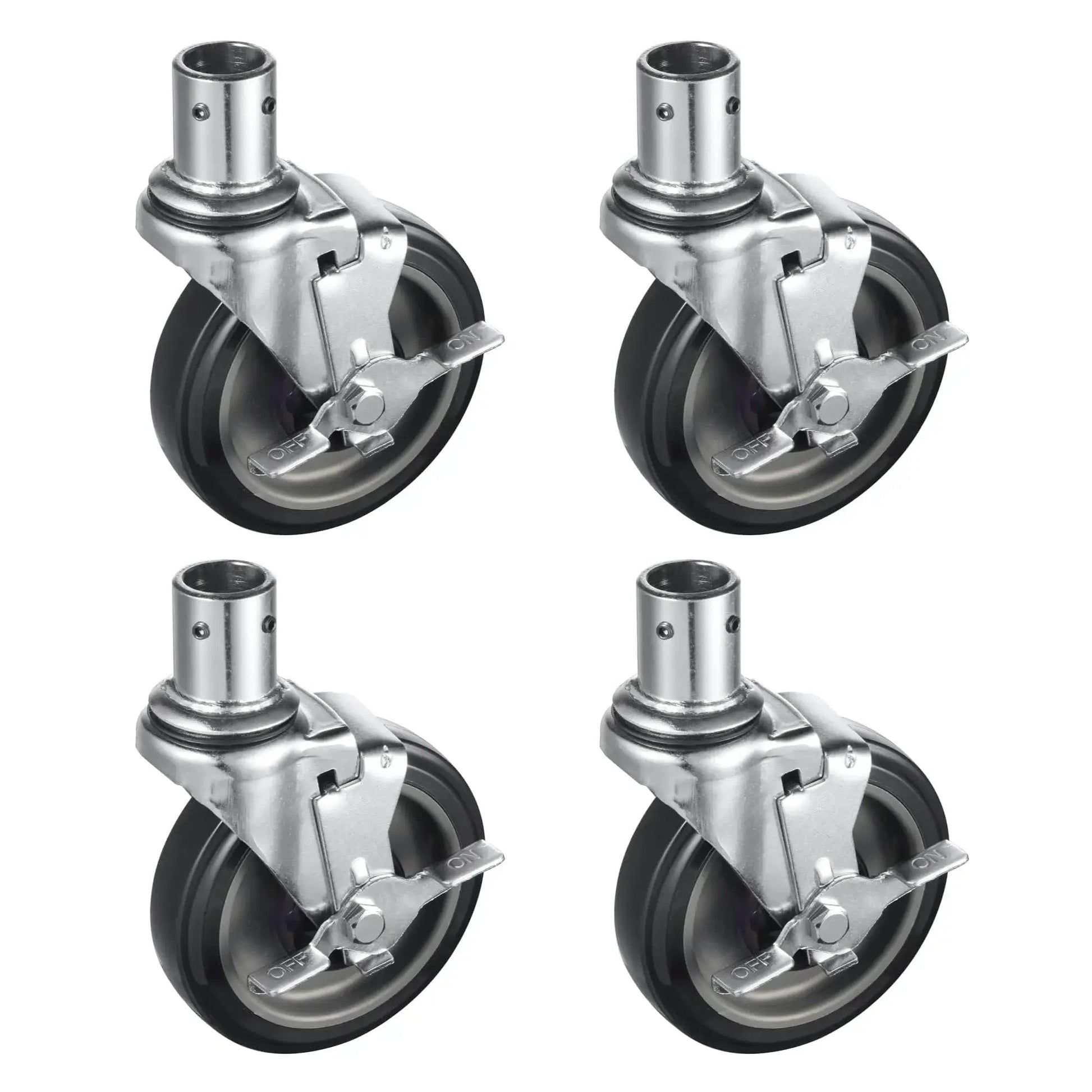 Five Inch Universal Wire Shelving Swivel Casters With Polyurethane Wheels Set Of Four Top Lock Brake For 1 Inch Diameter Wire Shelving Posts Ideal For Heavy Duty Garage Shelving Racks And Industrial Storage, top view of casters