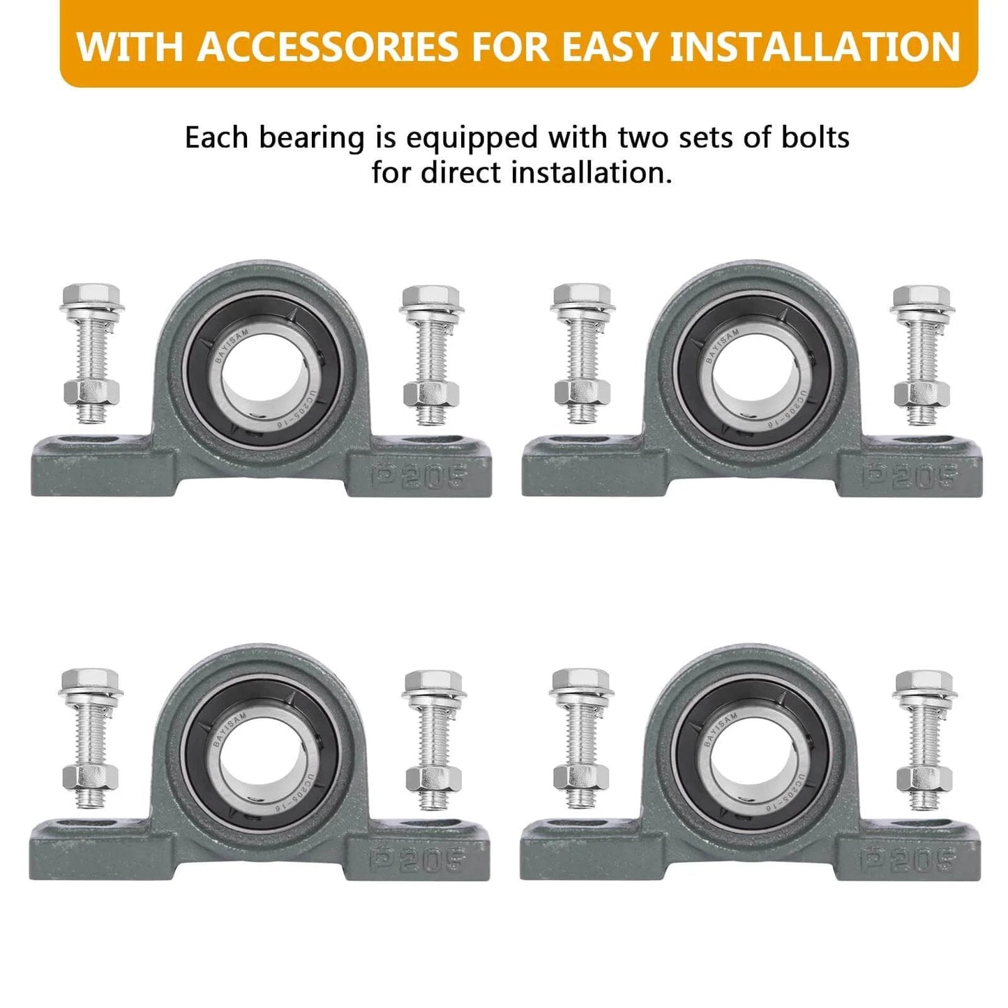 4 Pack UCP205-16 Mounted Pillow Block Ball Bearing, Bearing Steel Bearings 1" Bore with 8 Sets for Installing Bolts and Nuts front view
