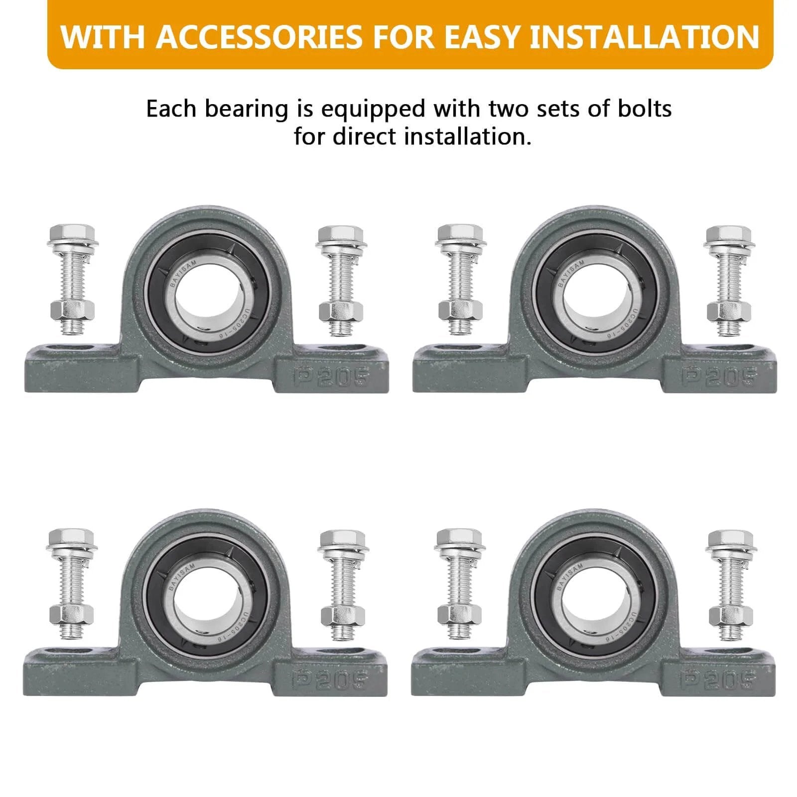 4 Pack UCP205-16 Mounted Pillow Block Ball Bearing, Bearing Steel Bearings 1" Bore with 8 Sets for Installing Bolts and Nuts front view