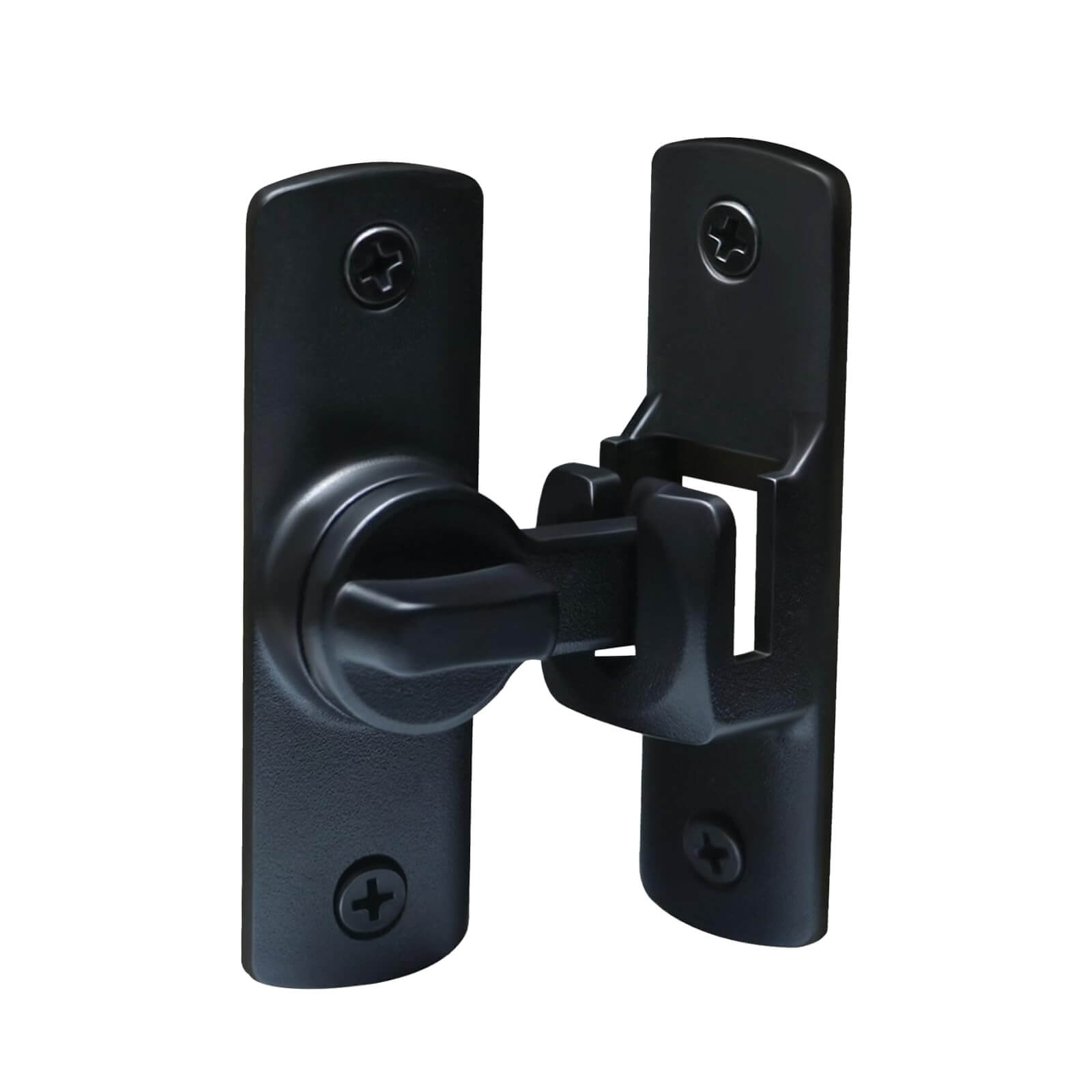 Black metal barn door lock featuring a 90/180 degree flip latch for sliding gates, suitable for barns, gardens, bathrooms, and cabinets.