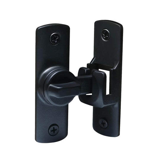 Black metal barn door lock featuring a 90/180 degree flip latch for sliding gates, suitable for barns, gardens, bathrooms, and cabinets.