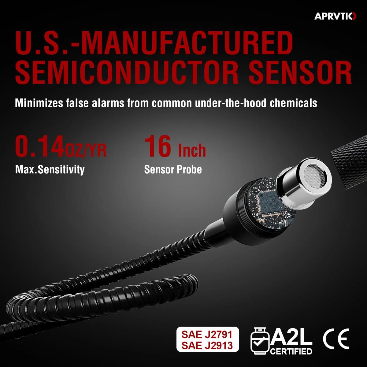 U.S.-manufactured semiconductor sensor probe for Reliable HVAC Refrigerant Leak Detector, 16 inches long, 0.14 oz/yr max sensitivity.