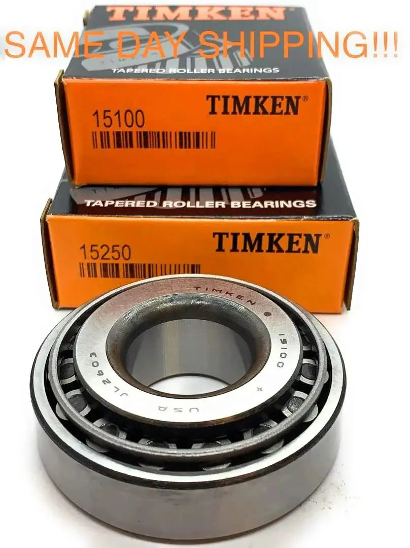 Quality US Made 15100 15250 Tapered Roller Bearing Set with Timken boxes in background, single row design for radial and axial load.