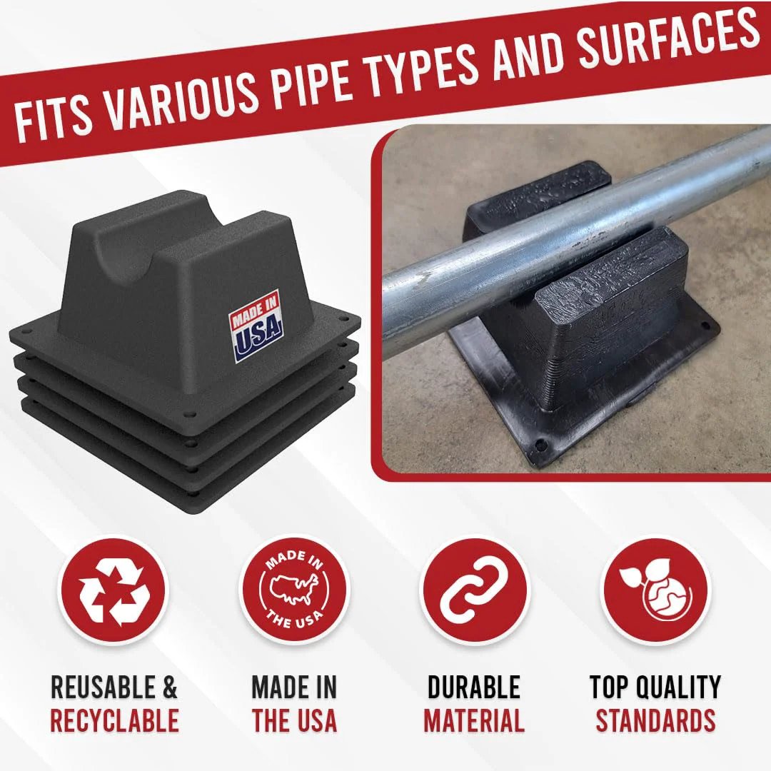 American Made 4 Pack Mini Rooftop Pipe Supports Set 6 By 6 By 3 Inch 300 Lbs Capacity UV Resistant Durable Roof Pipe Supports For Conduit Rubber PVC And Metal Pipes Universal Fit Eco Friendly Recycled Plastic stacked with a pipe resting on top.