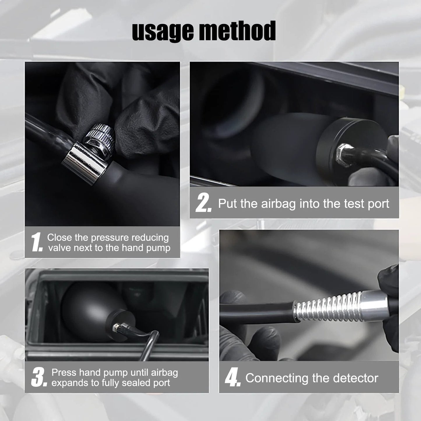 Usage method steps for Universal Quick Intake Adapter With Heavy Duty Sealed Expandable Bladder For 12V Automotive Air Intake And Exhaust Leak Testing.