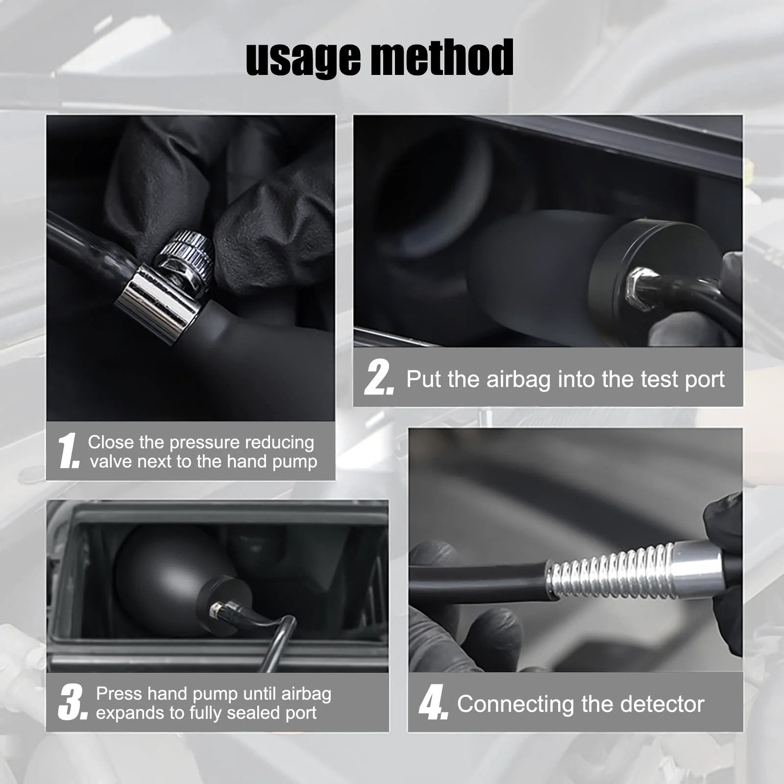 Usage method steps for Universal Quick Intake Adapter With Heavy Duty Sealed Expandable Bladder For 12V Automotive Air Intake And Exhaust Leak Testing.