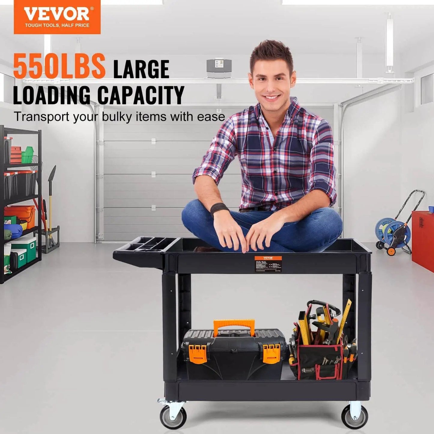 Man sitting on Heavy Duty 2 Shelf Utility Cart With 550 Lb Capacity And 360 Degree Swivel Wheels With Brakes in a garage