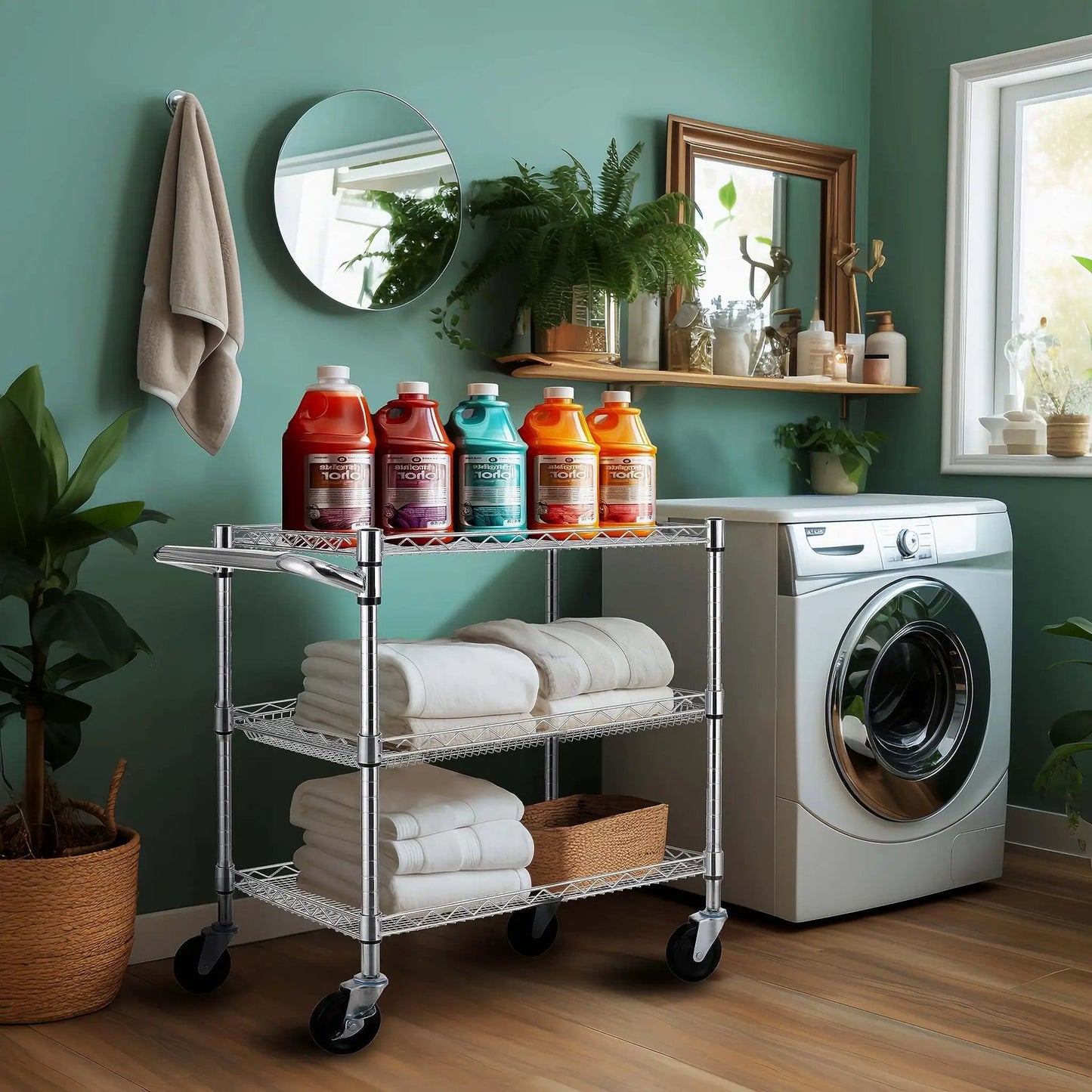Heavy Duty Commercial Grade Utility Cart With Three Tiers And Handle Bar Steel Wire Rolling Cart With Wheels For Kitchen Workshop Or Food Storage NSF Listed Durable Plant Display Shelf Trolley Finnhomy next to washing machine in laundry room