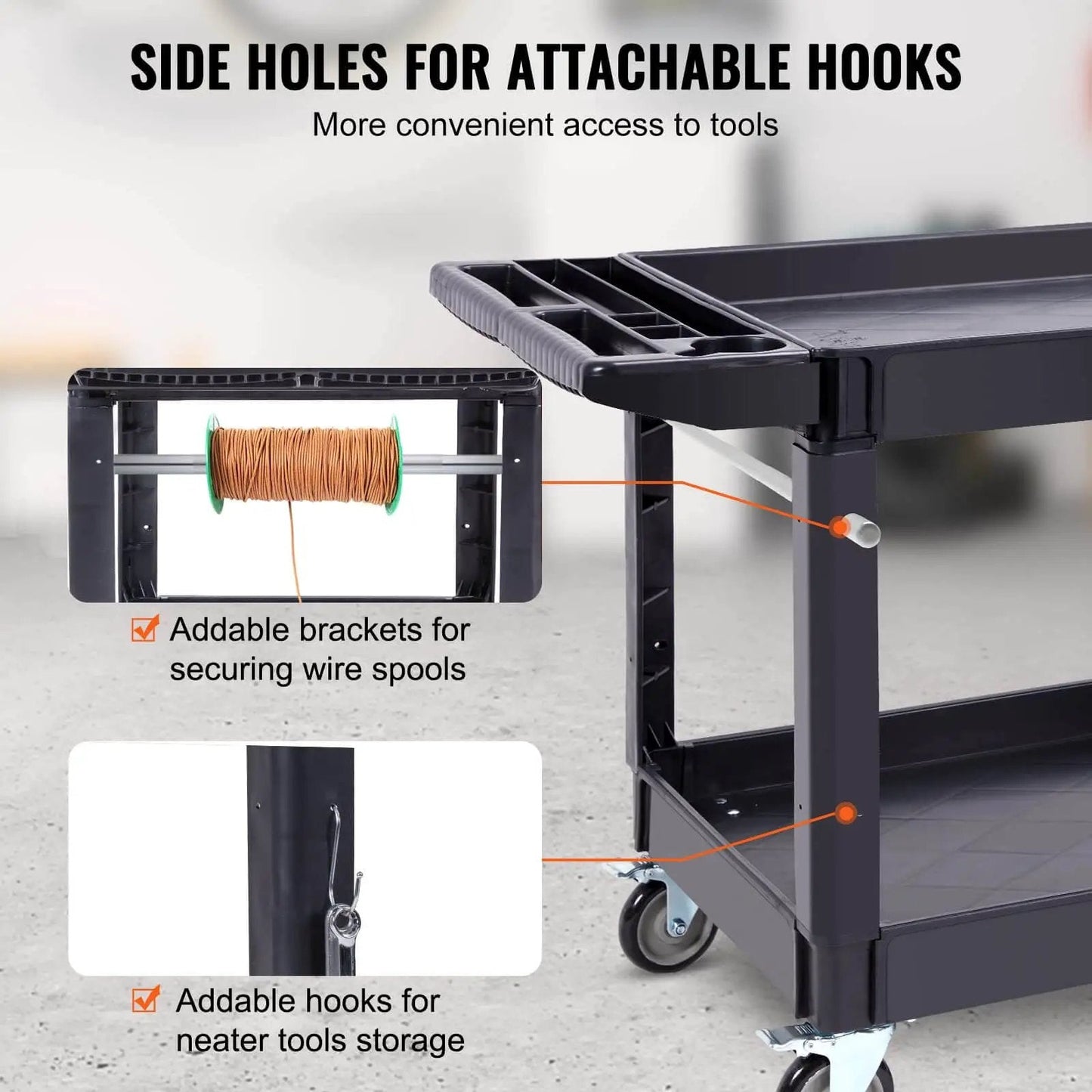 Heavy Duty 2 Shelf Utility Cart With 550 Lb Capacity And 360 Degree Swivel Wheels With Brakes, large lip shelf, side holes, hooks.