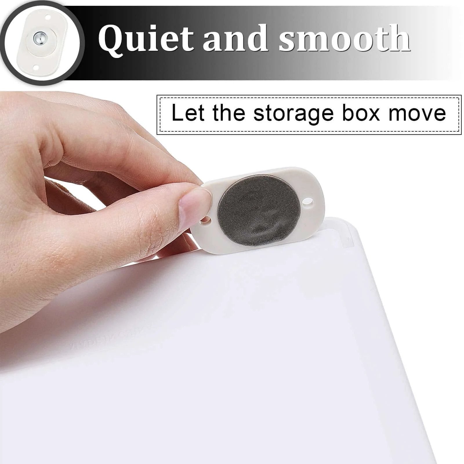 Hand attaching swivel wheel to box, demonstrating 'Quiet and smooth' use, part of 8-Pack Utility Cart Hardwood Frame Swivel Wheels.