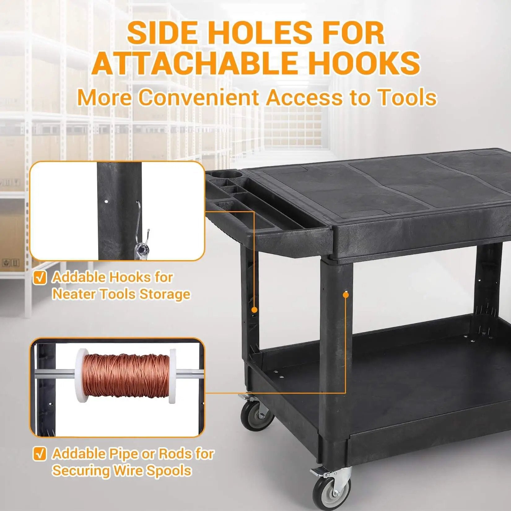 Beefy Heavy Duty Plastic Utility Cart With Flat Top And Two Shelves, 45.87 X 25.2 Inches Work Cart Holds Up To 550 Lbs, 360 Degree Swivel Wheels With Brakes, Rust Resistant Black with side holes for attachable hooks.