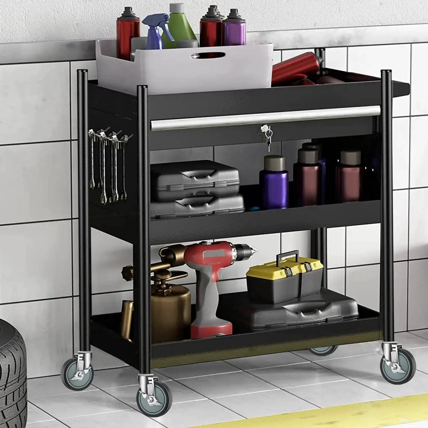 Black utility cart with 5 Inch Stem Casters For Wire Shelving Heavy Duty Swivel Wheels With Brakes Set Of 4 in a garage setting.