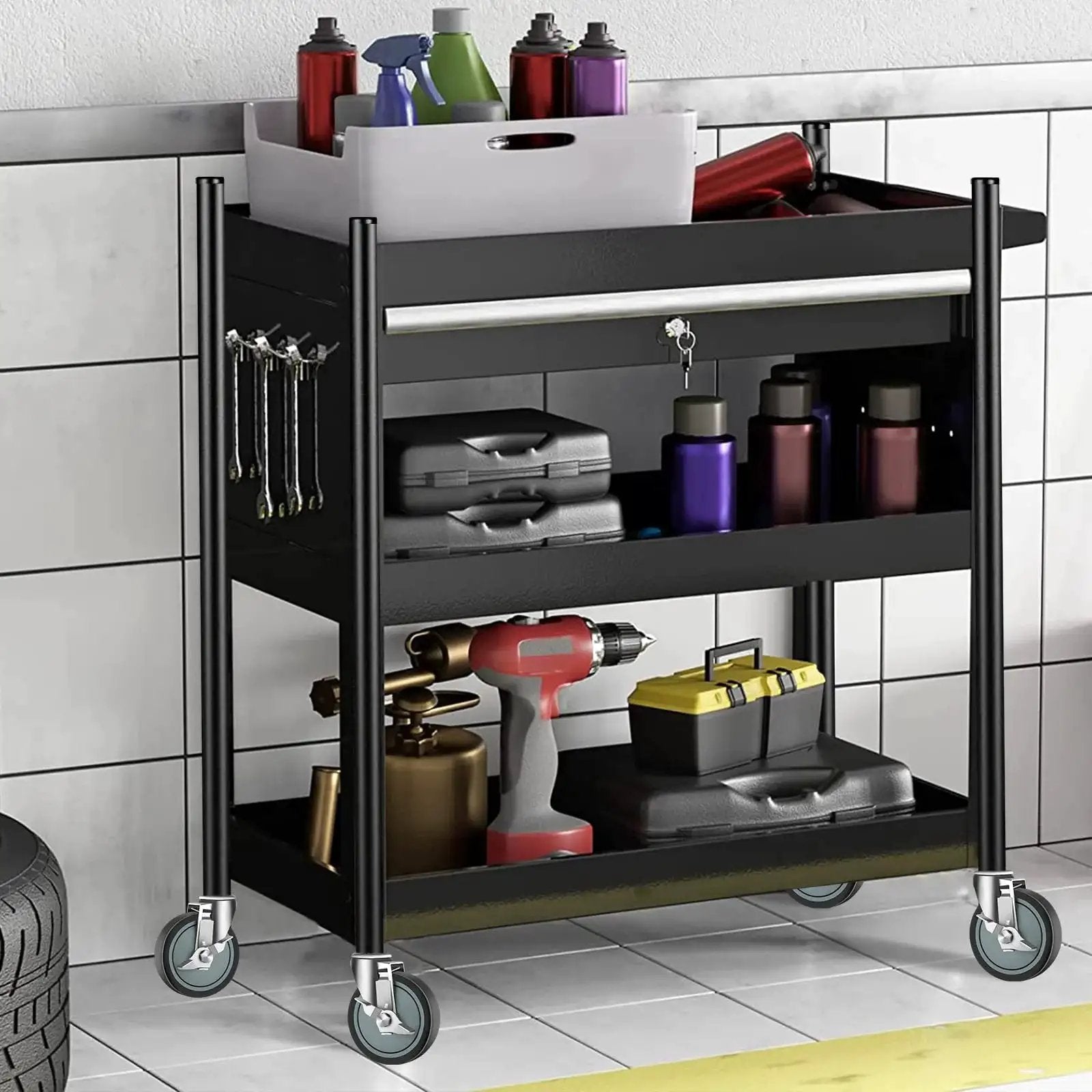 Black utility cart with 5 Inch Stem Casters For Wire Shelving Heavy Duty Swivel Wheels With Brakes Set Of 4 in a garage setting.
