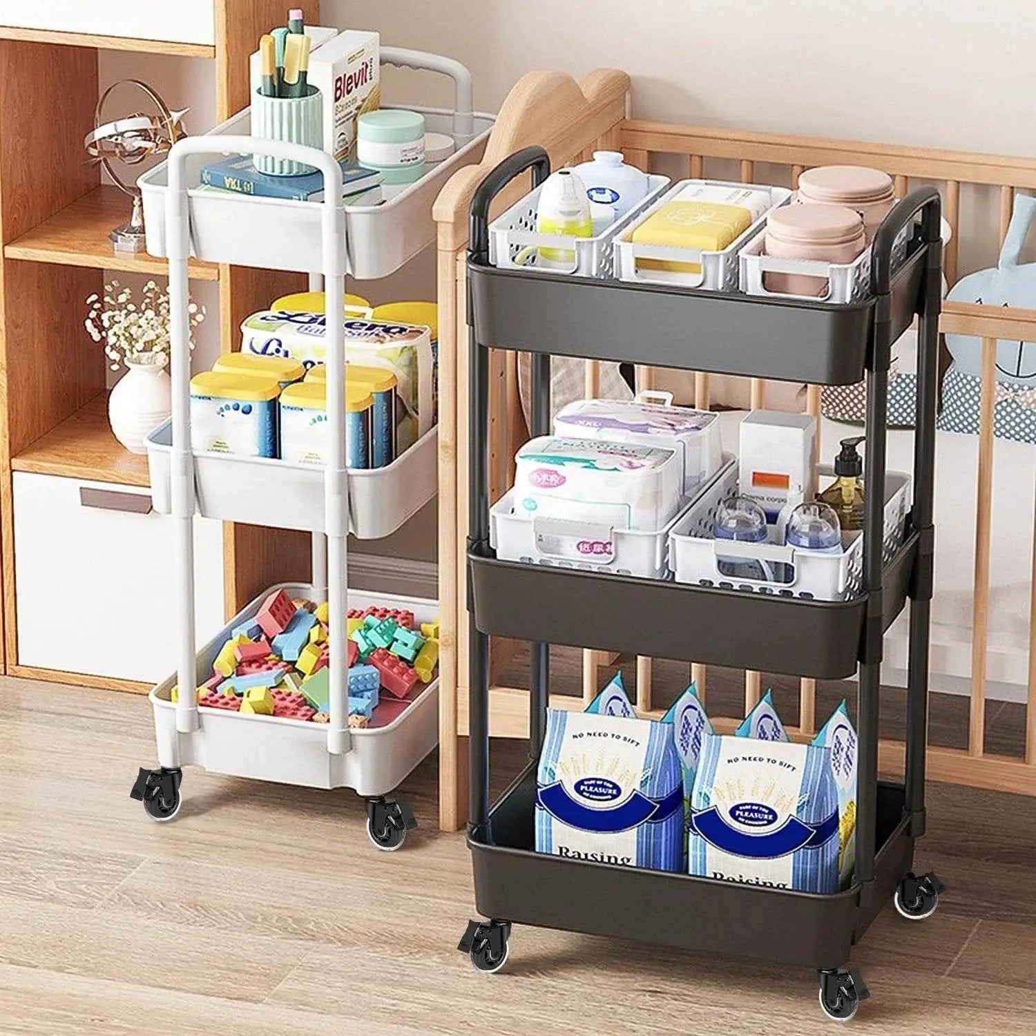 Two storage carts with 3 Inch Heavy Duty Rubber Caster Wheels With Brakes For Carts, Dollies And Furniture, loaded with household items.