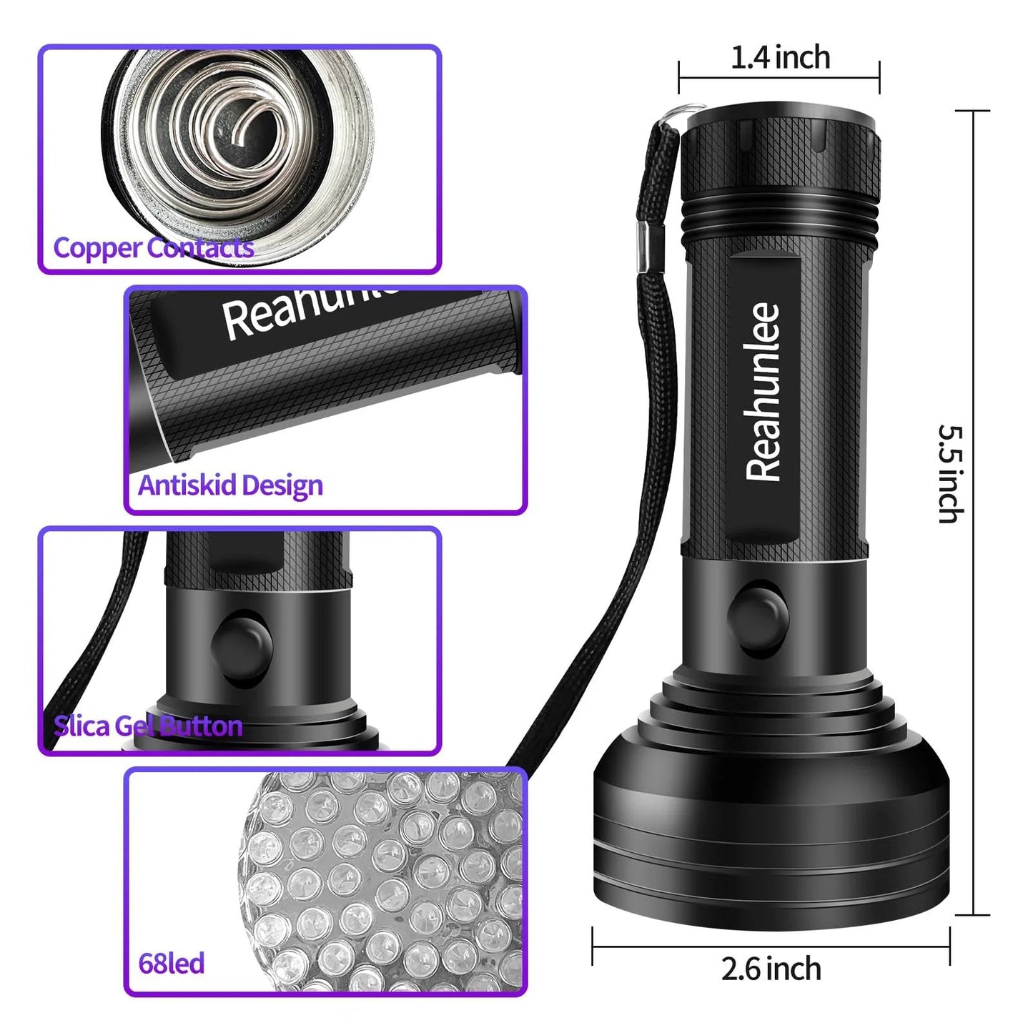 Pro Grade AC UV Dye Leak Detector Kit With 68 LED UV Flashlight And Protective Glasses, showing flashlight features and dimensions.