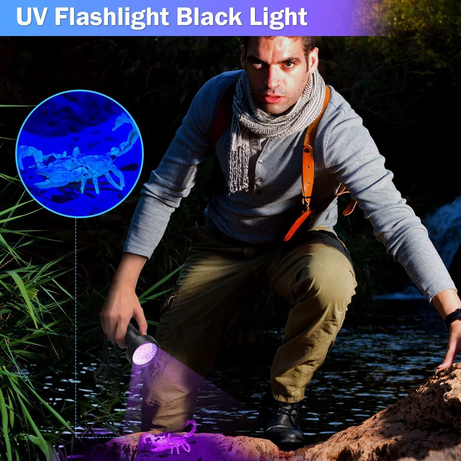 Man using UV flashlight black light to detect scorpions by the water, showcasing the flashlight in action.
