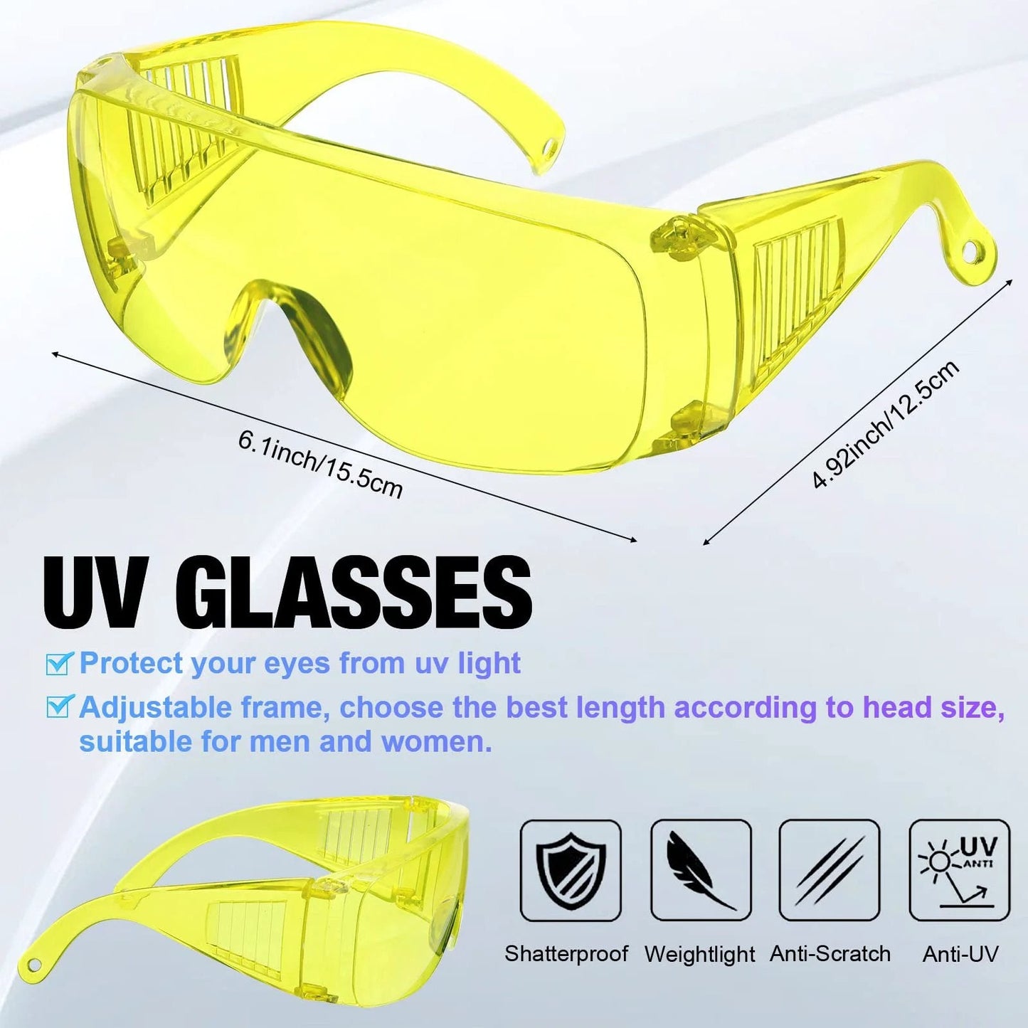 UV protective glasses for refrigerant leak detection kit, adjustable frame, suitable for men and women, 6.1 x 4.9 inches.