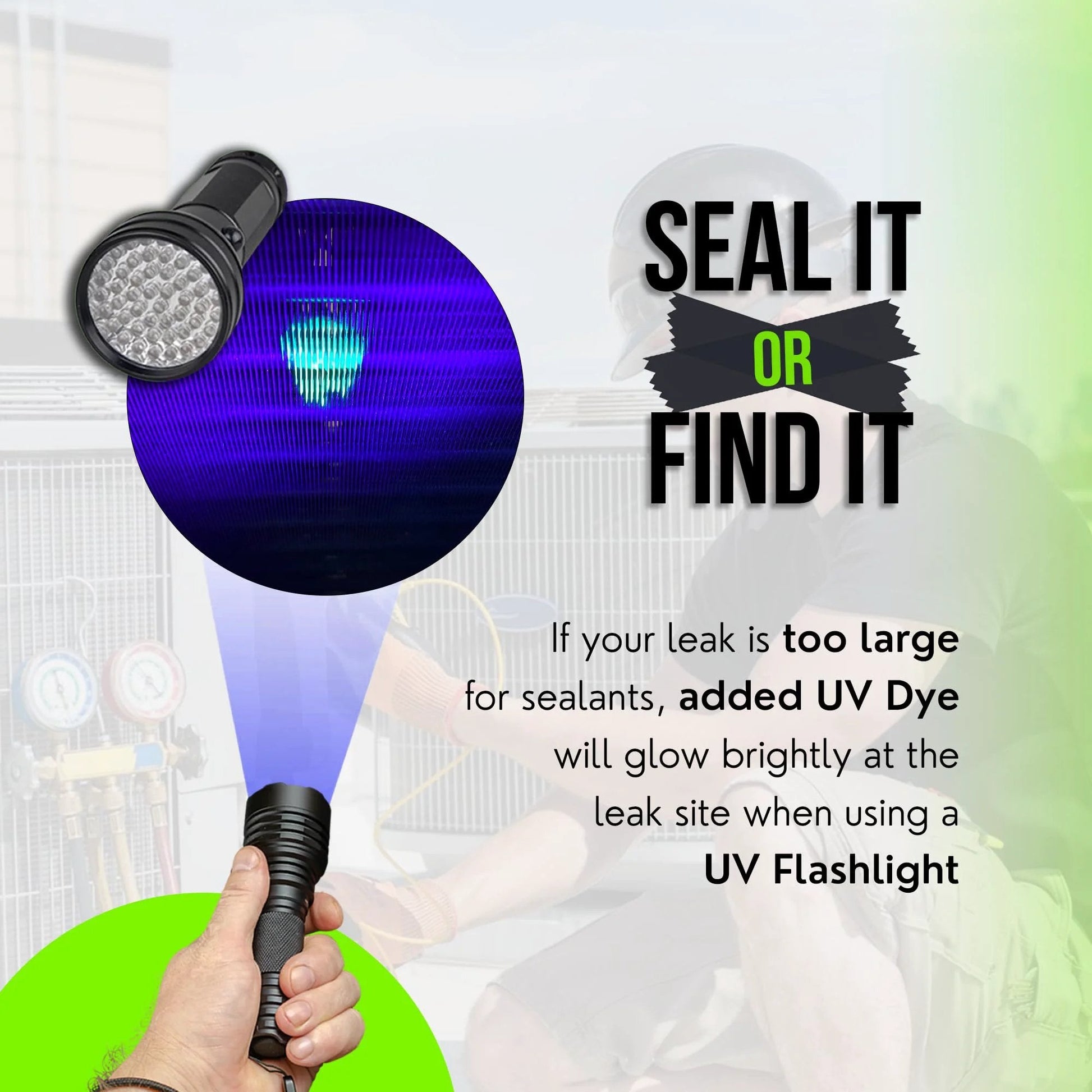 UV flashlight illuminating a leak site in HVAC system, demonstrating Direct Inject Ultimate 3-In-1 AC Leak Sealer With Moisture Remover And UV Dye.