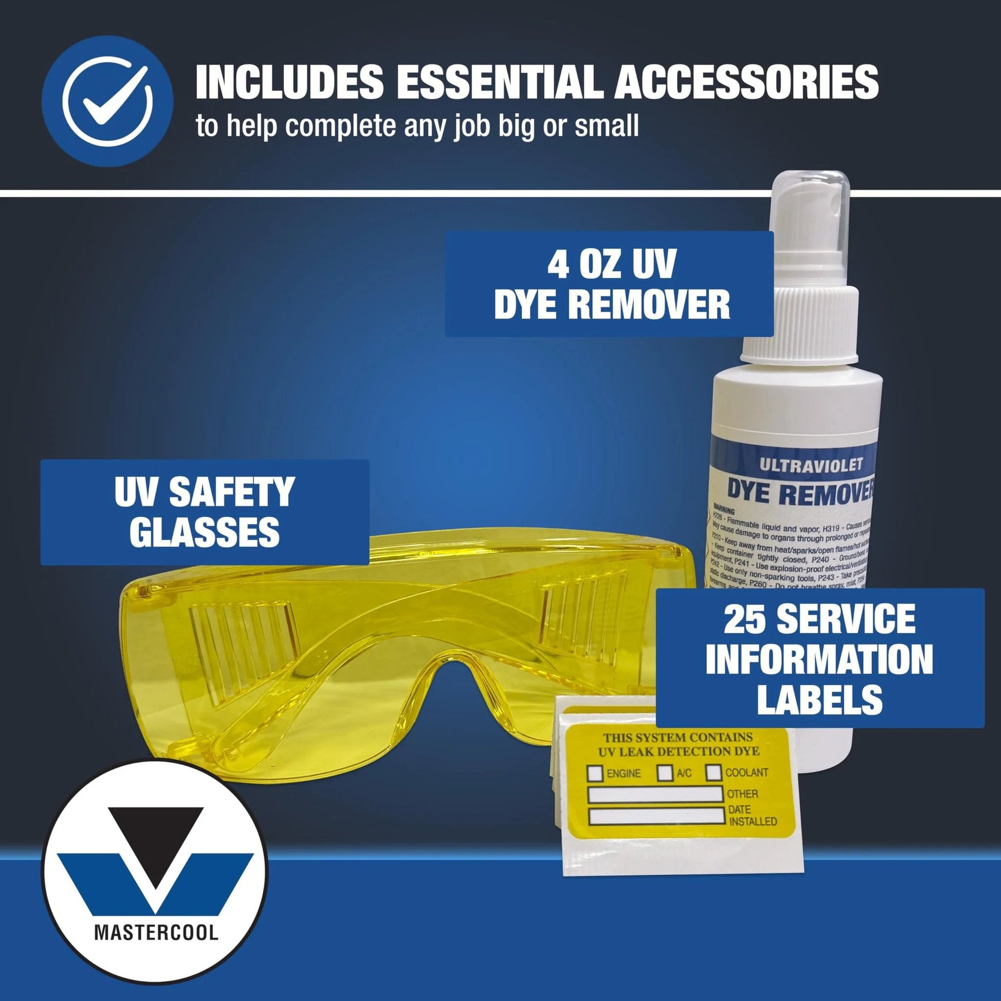 Includes essential accessories for All In One UV Leak Detection Kit For Automotive And HVAC Systems Mastercool 53351.