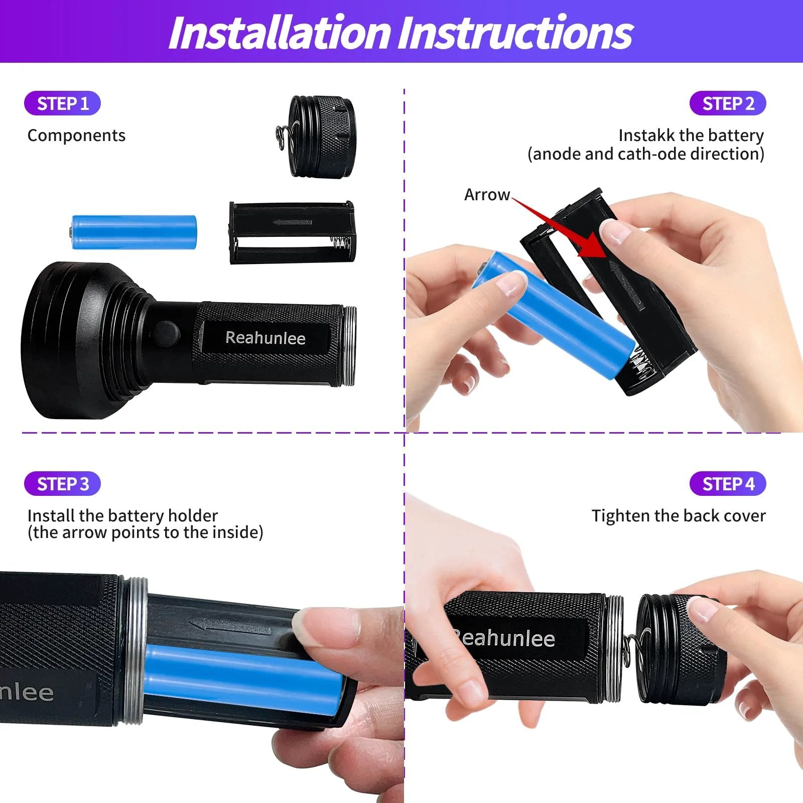 Installation instructions for Pro Grade AC UV Dye Leak Detector Kit showing battery insertion steps and components.
