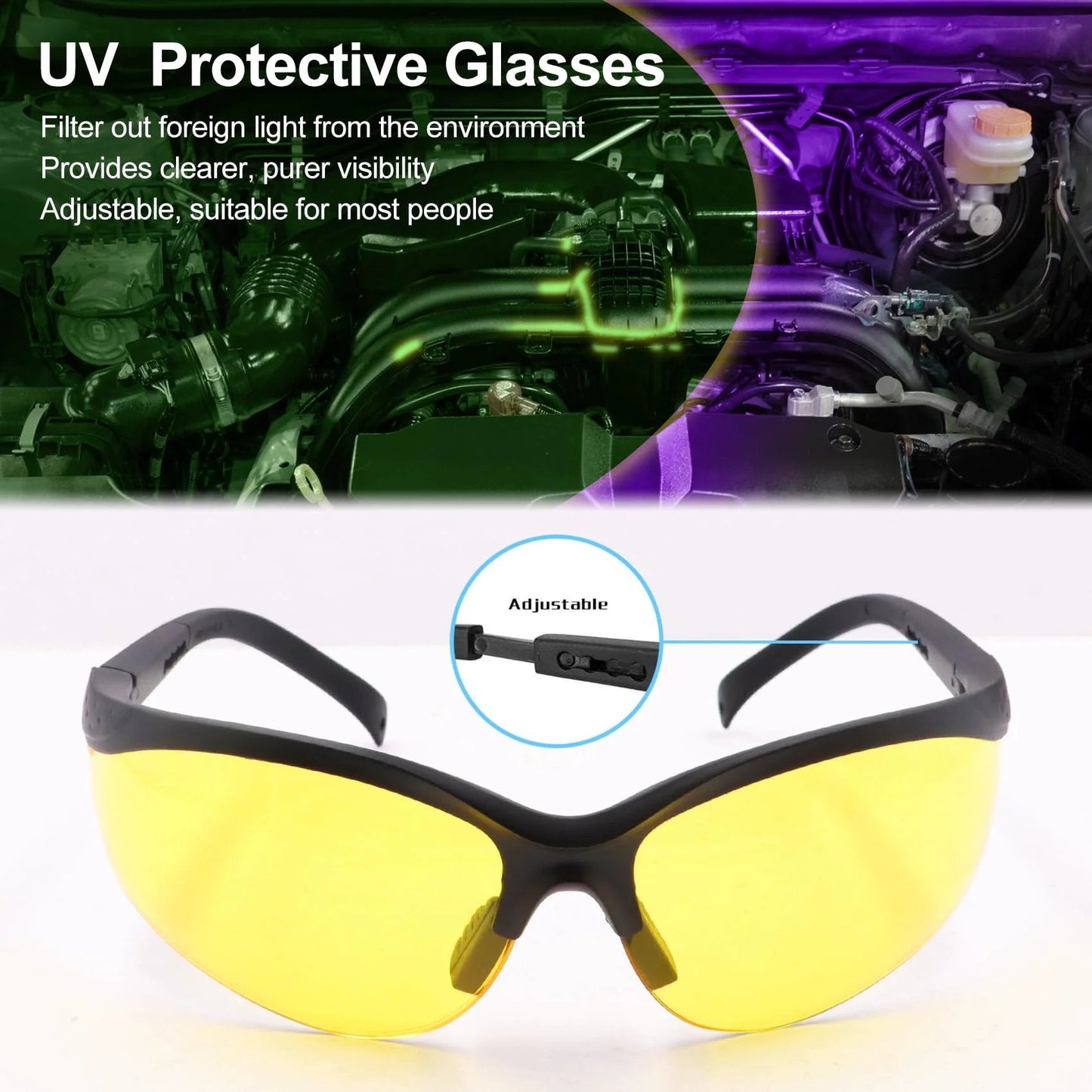 UV protective glasses for automotive use, yellow lenses for enhanced visibility, adjustable for comfort and optimal fit.