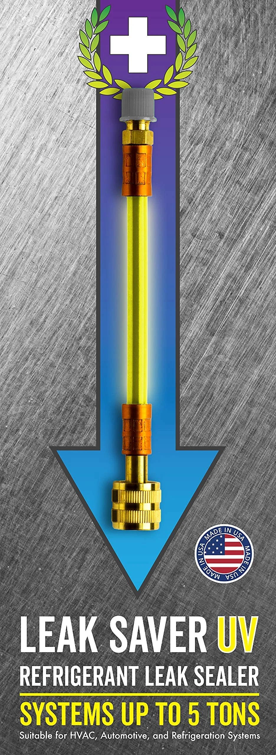 Direct Inject UV Refrigerant Leak Sealer With UV Dye For Easy Detection Of Large Leaks In AC Refrigeration And Automotive Systems Up to 5 Tons. Yellow injection device visible.