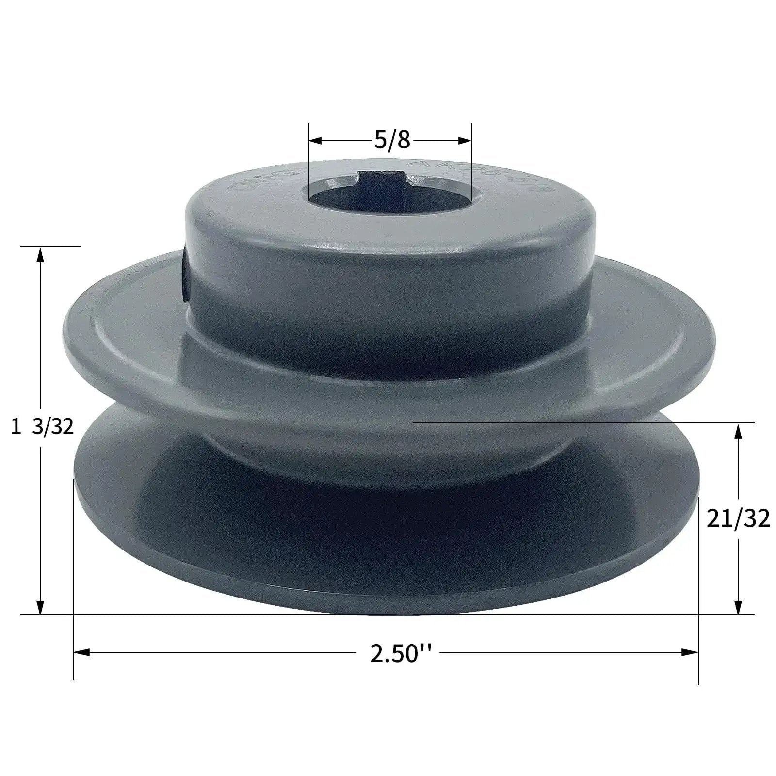 V Belt Pulley 2.5 Inch Outer Diameter Five Eighths Inch Fixed Bore 1 Groove Cast Iron, side view with dimensions