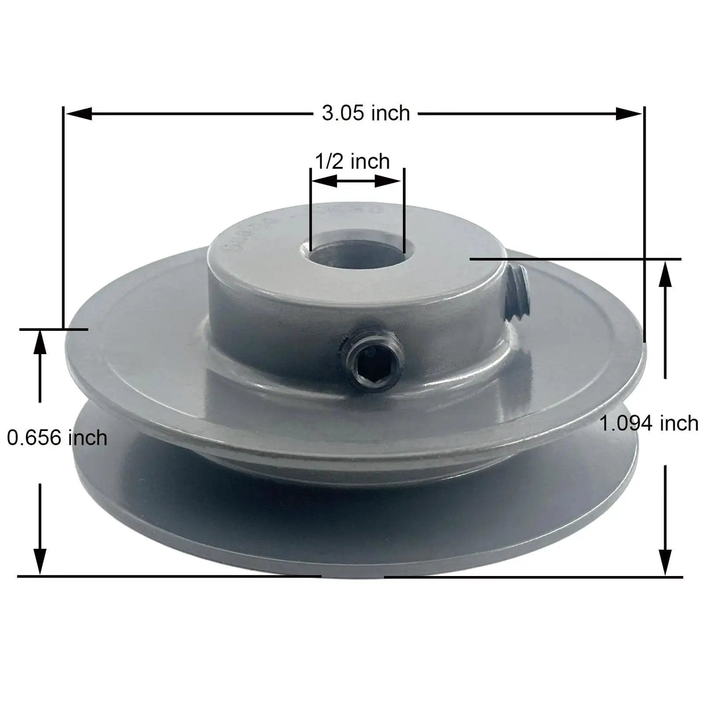 Front view of V Belt Pulley 3 Inch Outside Diameter Cast Iron Sheave With Half Inch Bore And Single Groove For V Belt Section A 3L And 4L Not for Toothed Belts AK3012 with dimensions