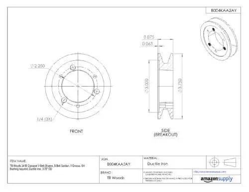 Technical drawing of Classic V Belt Sheave For B Belt Section One Groove Cast Iron Thirteen Point Nine Five Inch Outer Diameter