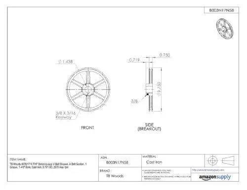 Technical drawing of Bored To Size V Belt Sheave A Belt Section 1 Groove Three Quarter Inch Bore Cast Iron 2.75 Inch Outer Diameter.
