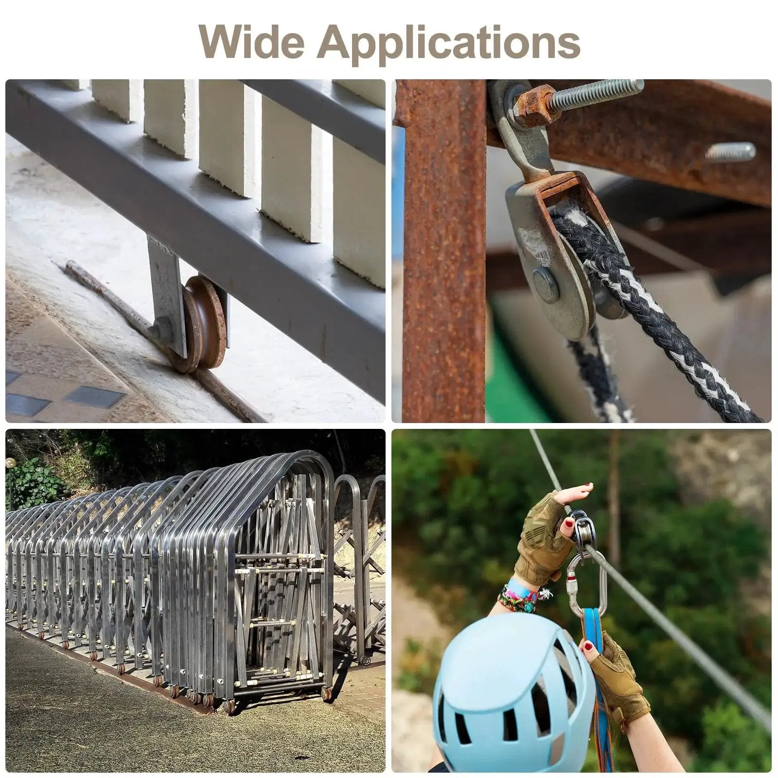Wide applications of Heavy Duty 8 Pack 2.2 Inch V Groove Gate Caster Wheels with various outdoor and industrial uses shown.