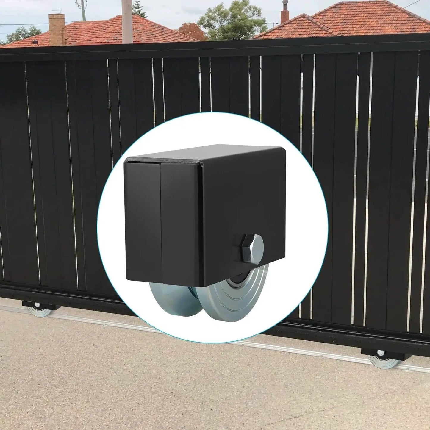4 Inch V-Groove Gate Wheel With Welded Bracket Box And Double Bearings, Rolling Gate Caster for Inverted V-Track, installed view