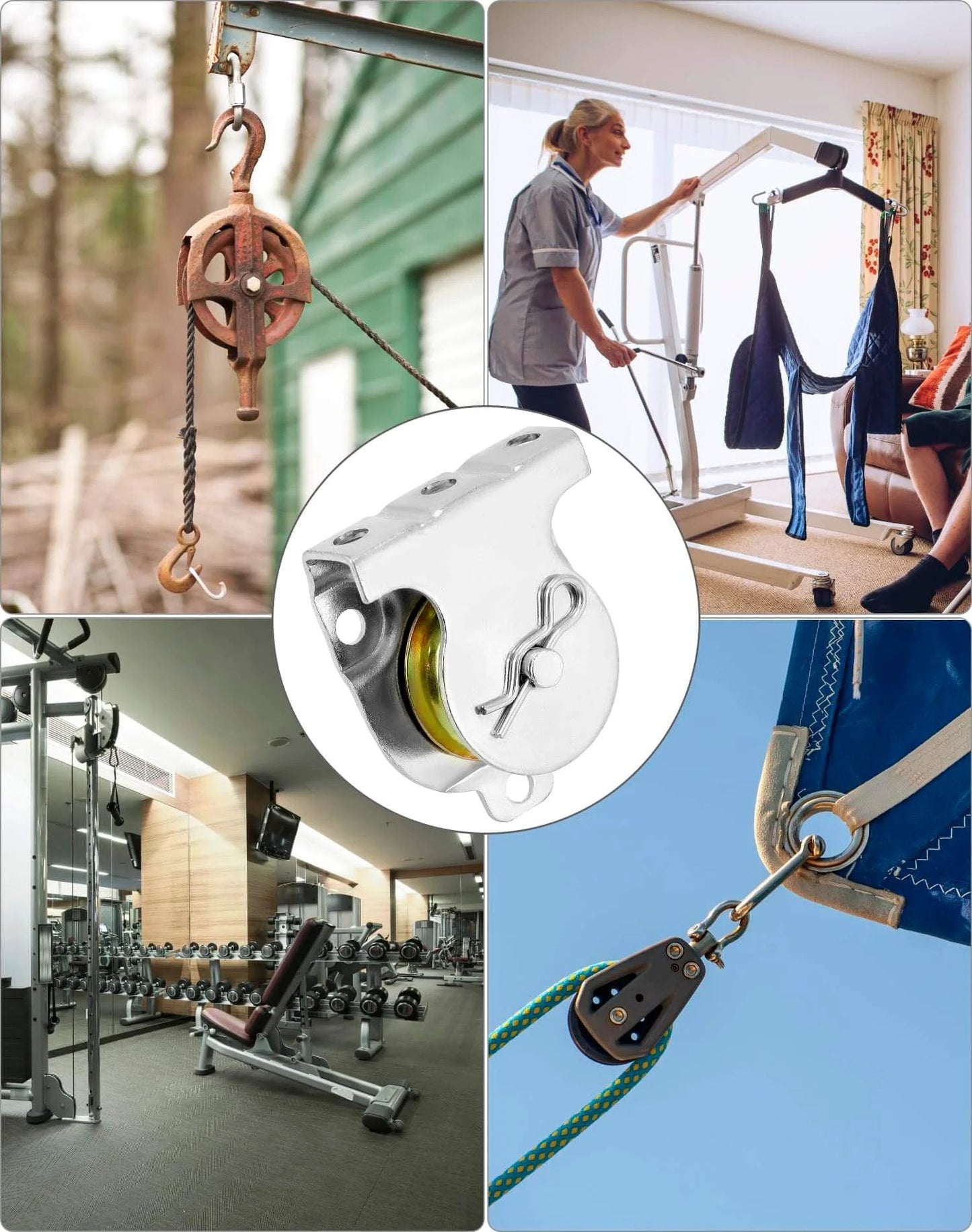 Various uses of Wall Mount Pulleys 6 Pcs 1-1/2" Ceiling Mount Single Pulley V-Groove Pulley Hardware Accessories for 3/8" Wire or Rope