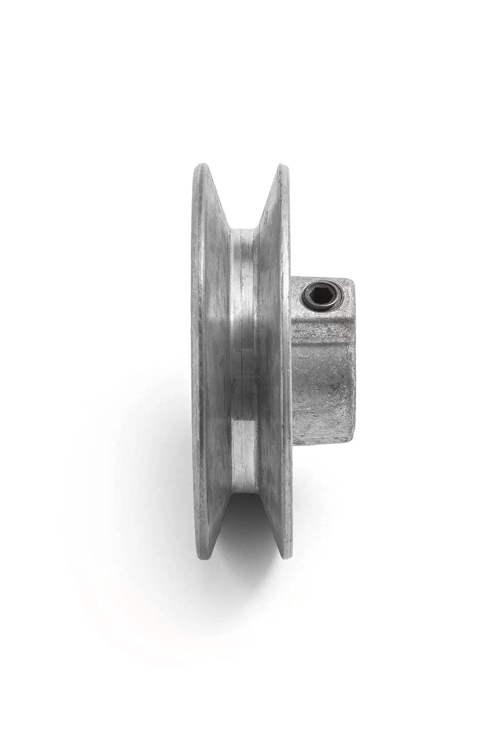 Side view of Heavy Duty Three Inch V Groove Drive Pulley with Five Eighths Inch Bore for Four L A Belts, Zinc Alloy Die Cast