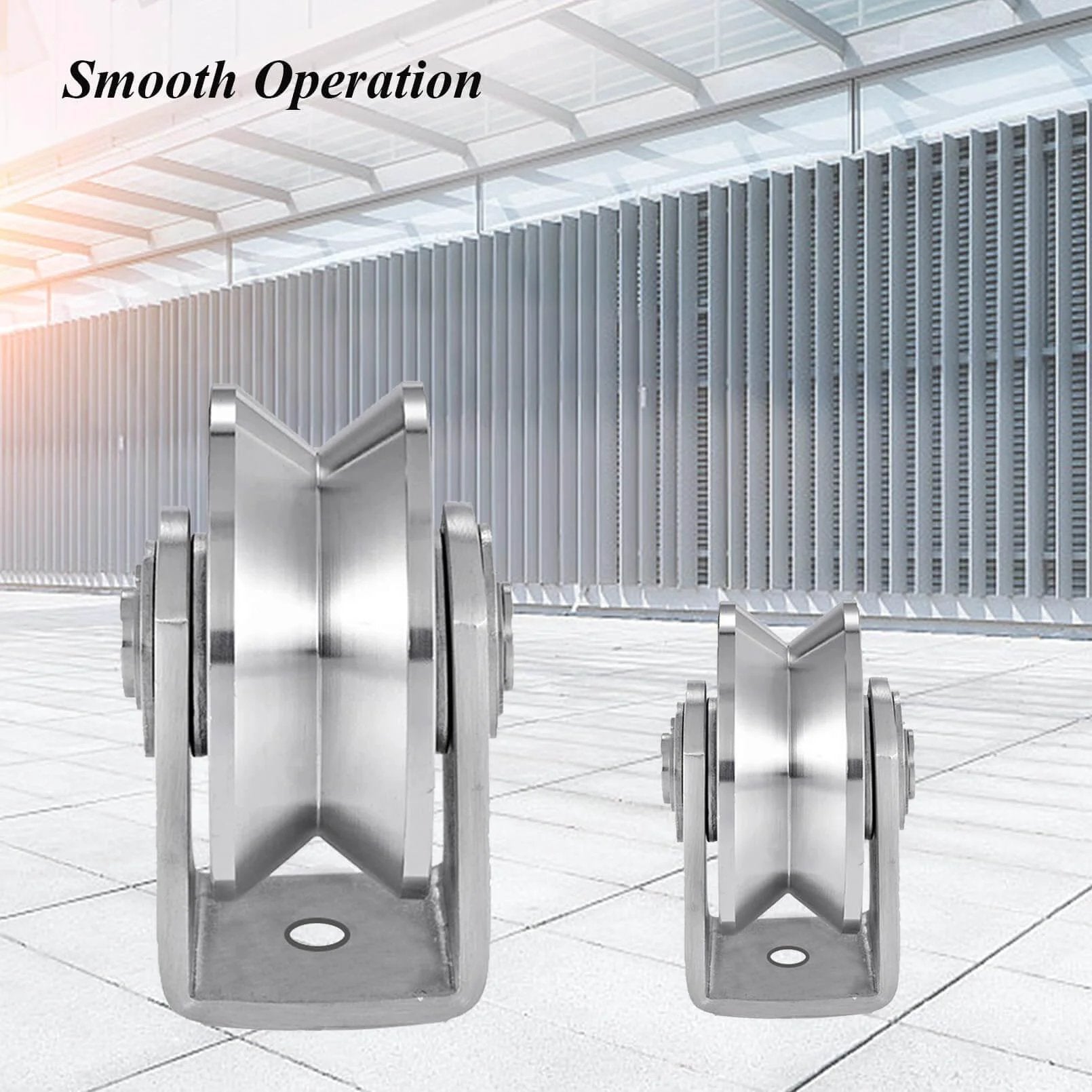 V Groove Wheel Stainless Steel Heavy Duty Wire Rope Pulley Block Sliding Gate Rollers Double Bearing Plate Caster Solid Track Rollers Wheels Fence Gate Wheel. Side view showing two wheels on a tiled backdrop.